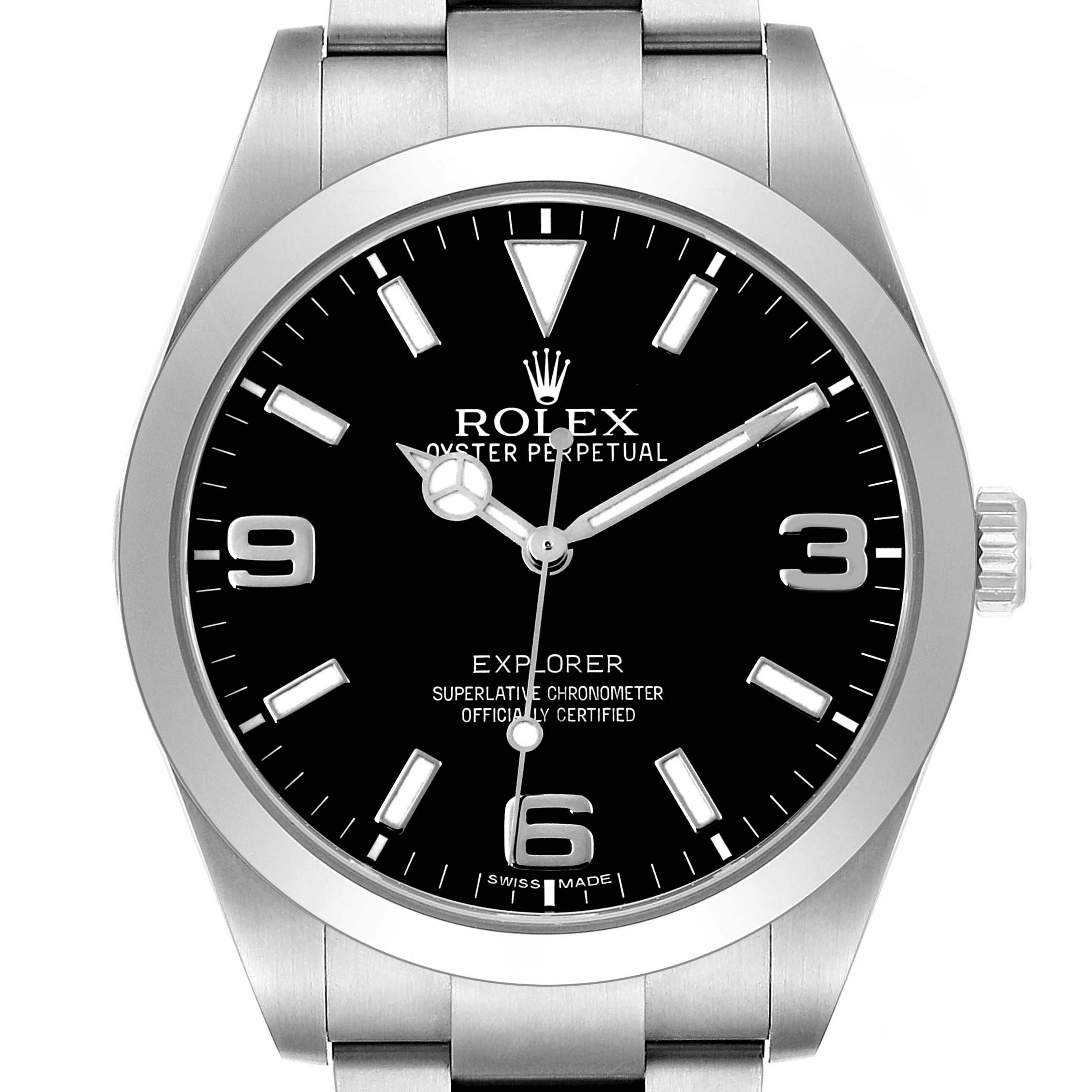 The image shows a front view of a Rolex Explorer 214270 Men's Stainless Steel Black Dial watch, displaying its black dial, stainless steel case, and hour markers.