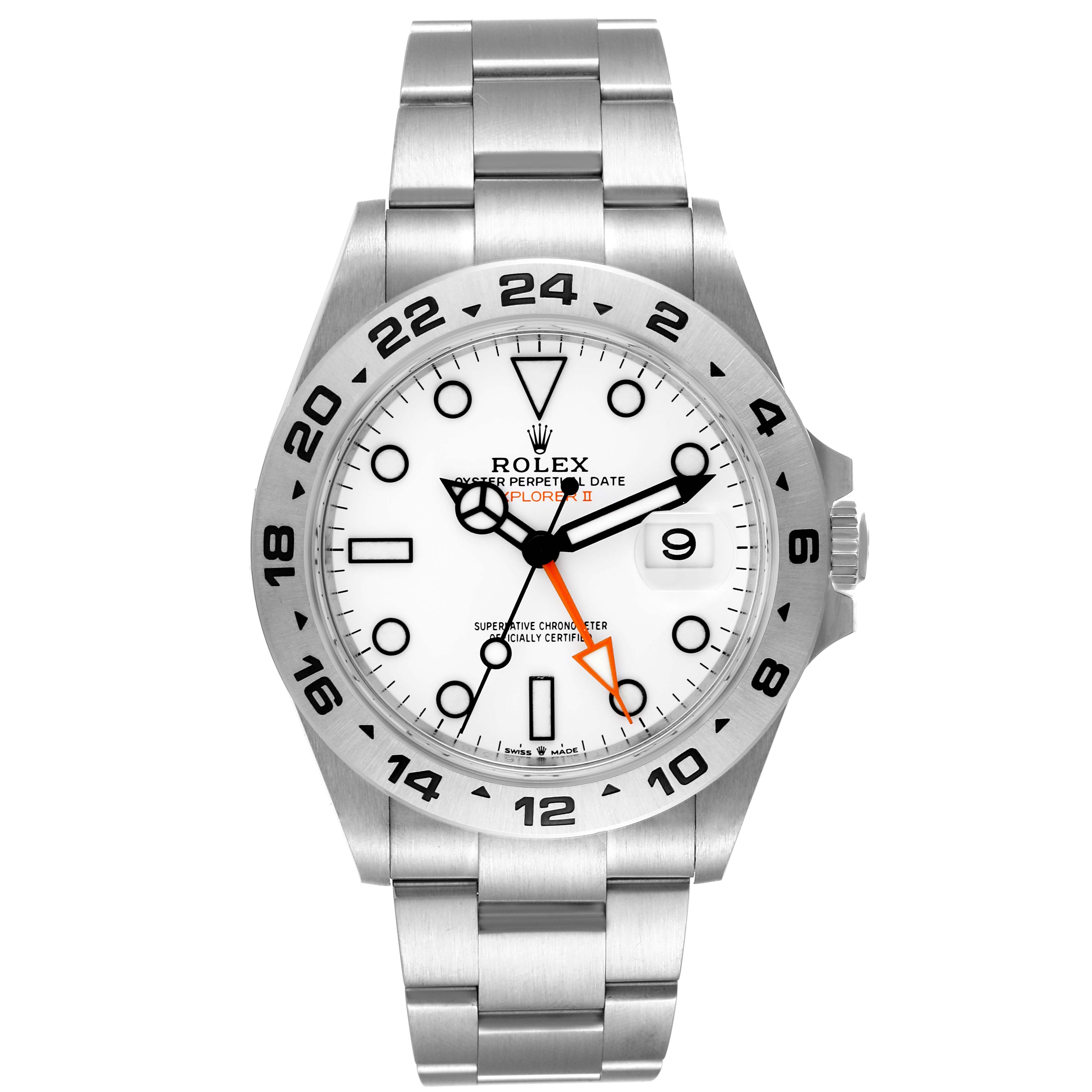 This image shows a Rolex Explorer 226570 Men
s Stainless Steel White Dial 226570 Men
s Stainless Steel White Dial watch from a front angle, highlighting the dial, bezel, bracelet, and hands.