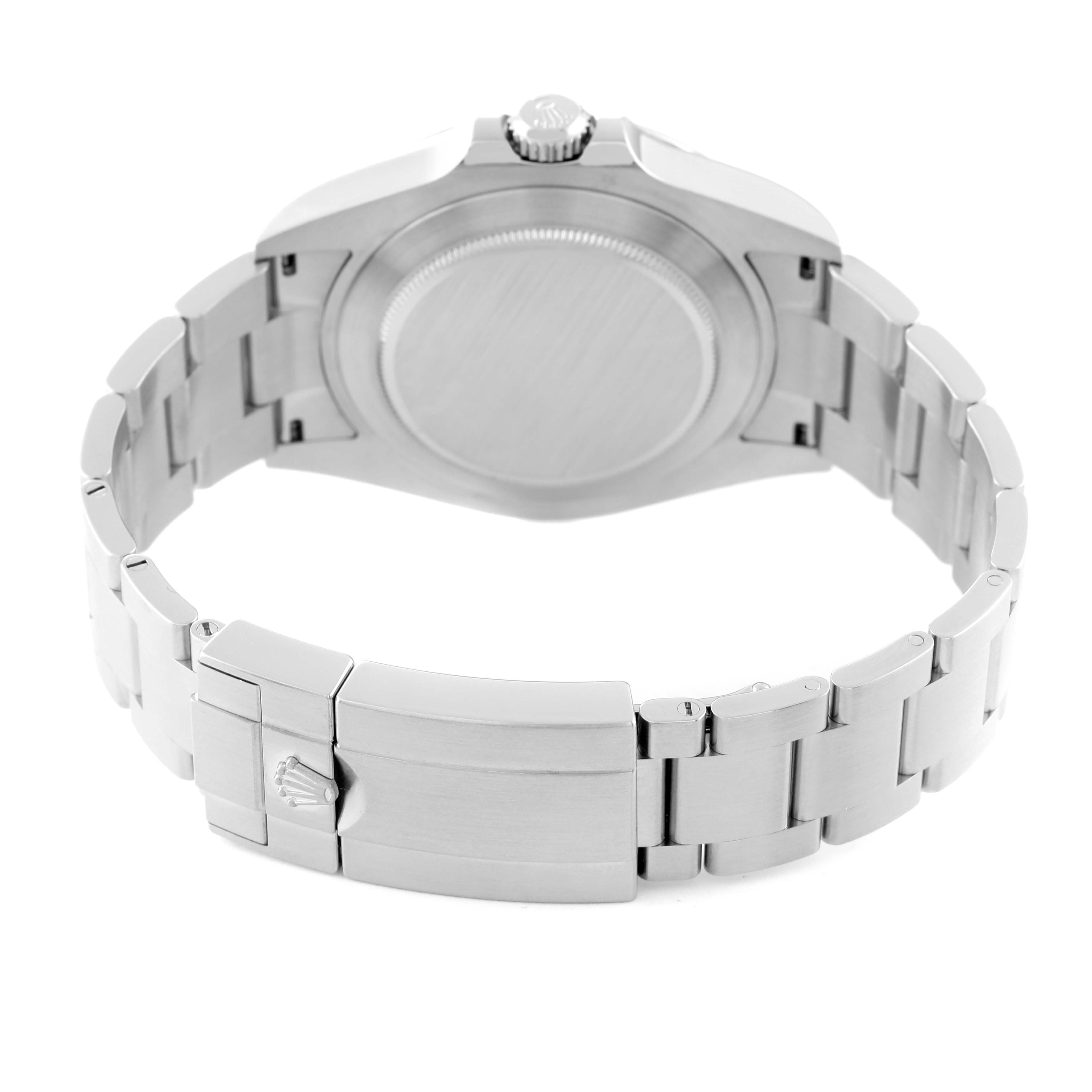 This image shows the back view of a Rolex Explorer 226570 Men
s Stainless Steel White Dial 226570 Men
s Stainless Steel White Dial watch, highlighting the case back and bracelet clasp.