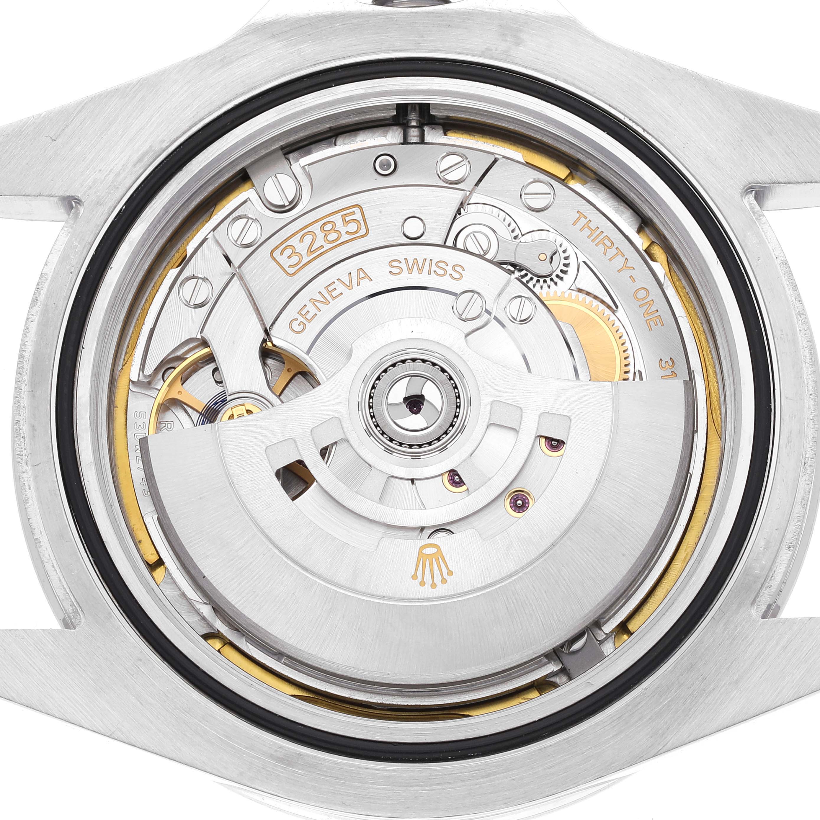 The image shows the open back view of the Rolex Explorer 226570 Men
s Stainless Steel White Dial 226570 Men
s Stainless Steel White Dial watch, revealing its intricate movement and mechanism.