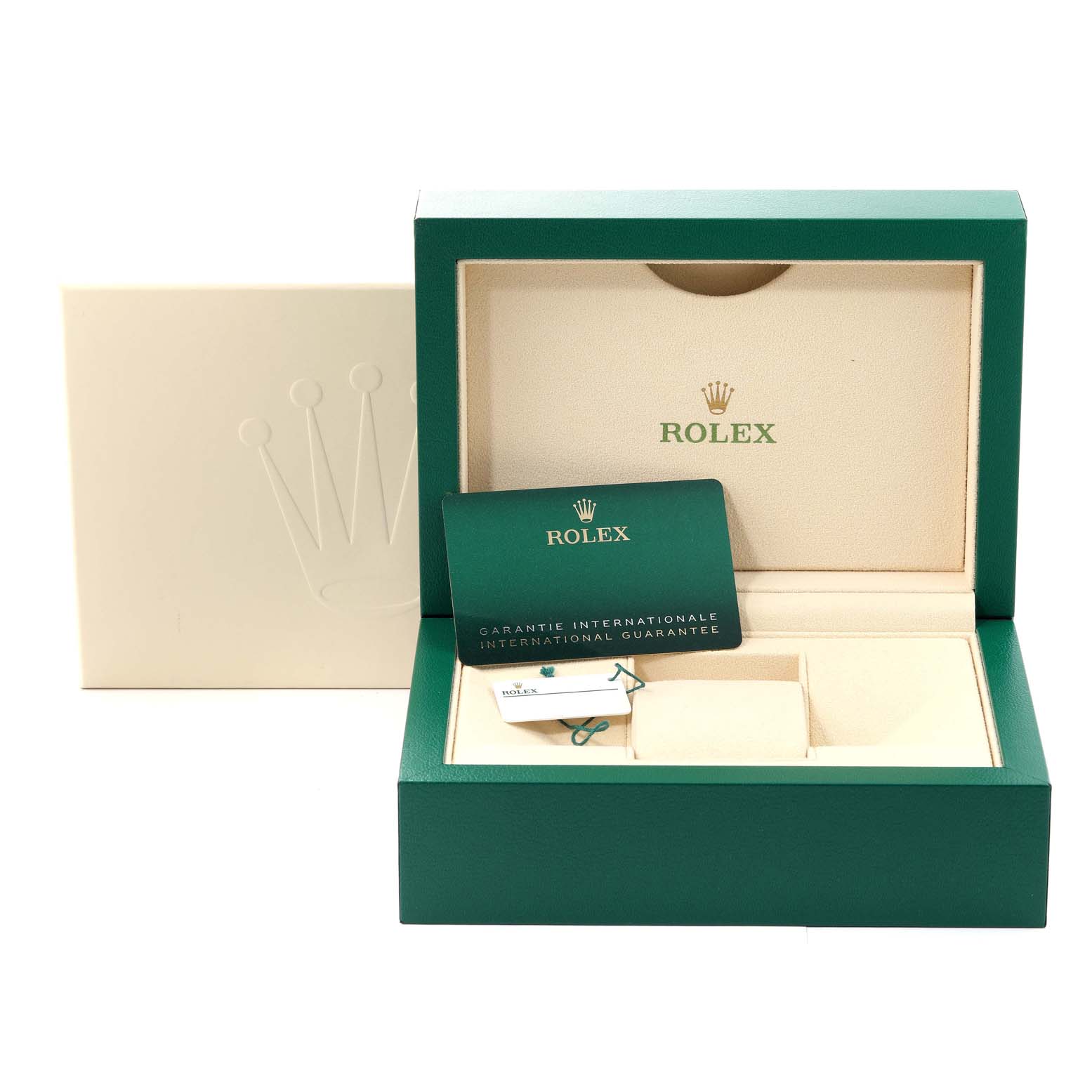The image shows the opened packaging and warranty card for the Rolex Explorer 226570 Men
s Stainless Steel White Dial 226570 Men
s Stainless Steel White Dial model.