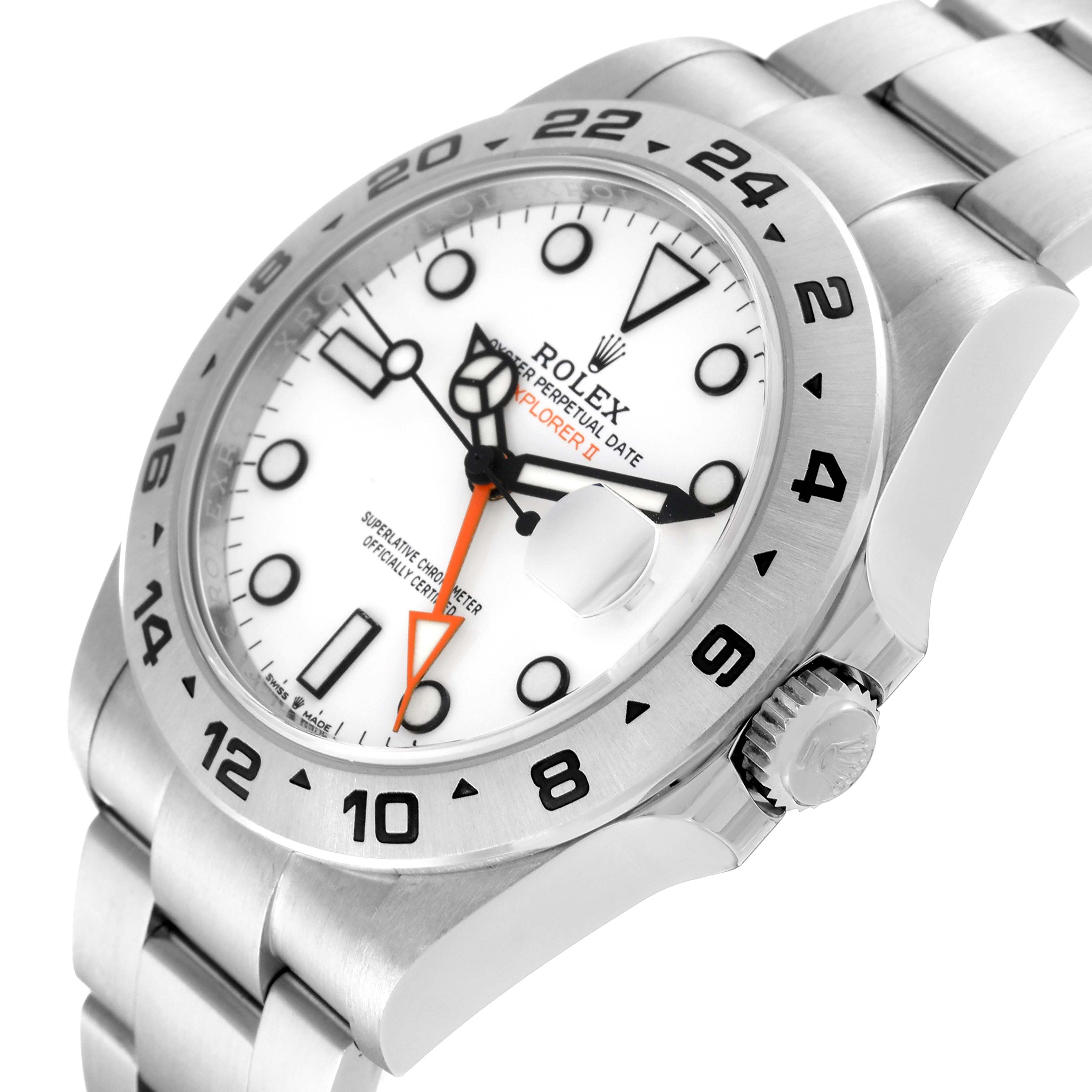 This image shows a Rolex Explorer 226570 Men
s Stainless Steel White Dial 226570 Men
s Stainless Steel White Dial watch angled to display the dial, bezel, crown, and part of the bracelet.