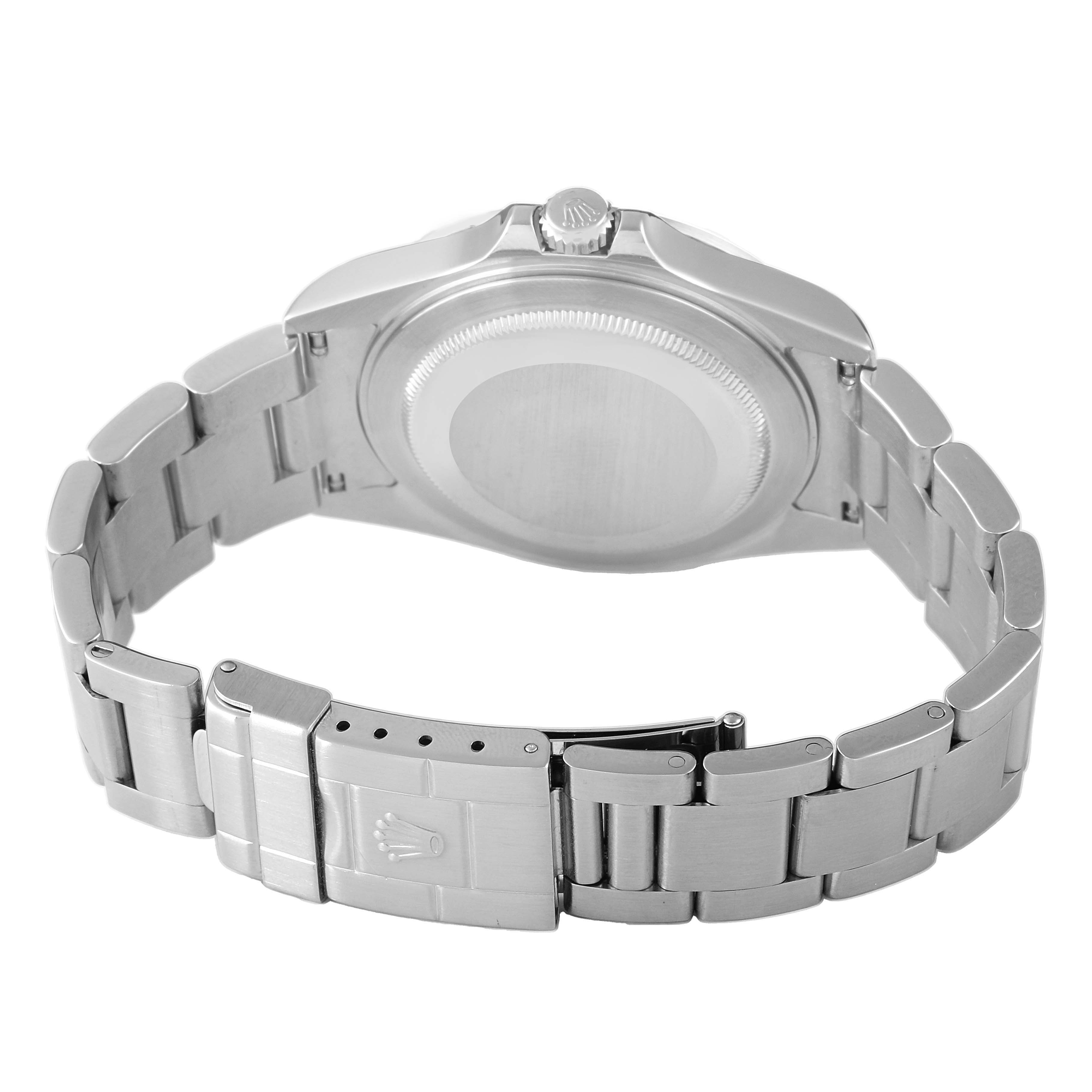 The image shows the back view of a Rolex Explorer 16570 Men's Stainless Steel Black Dial watch, highlighting the case back and bracelet clasp.