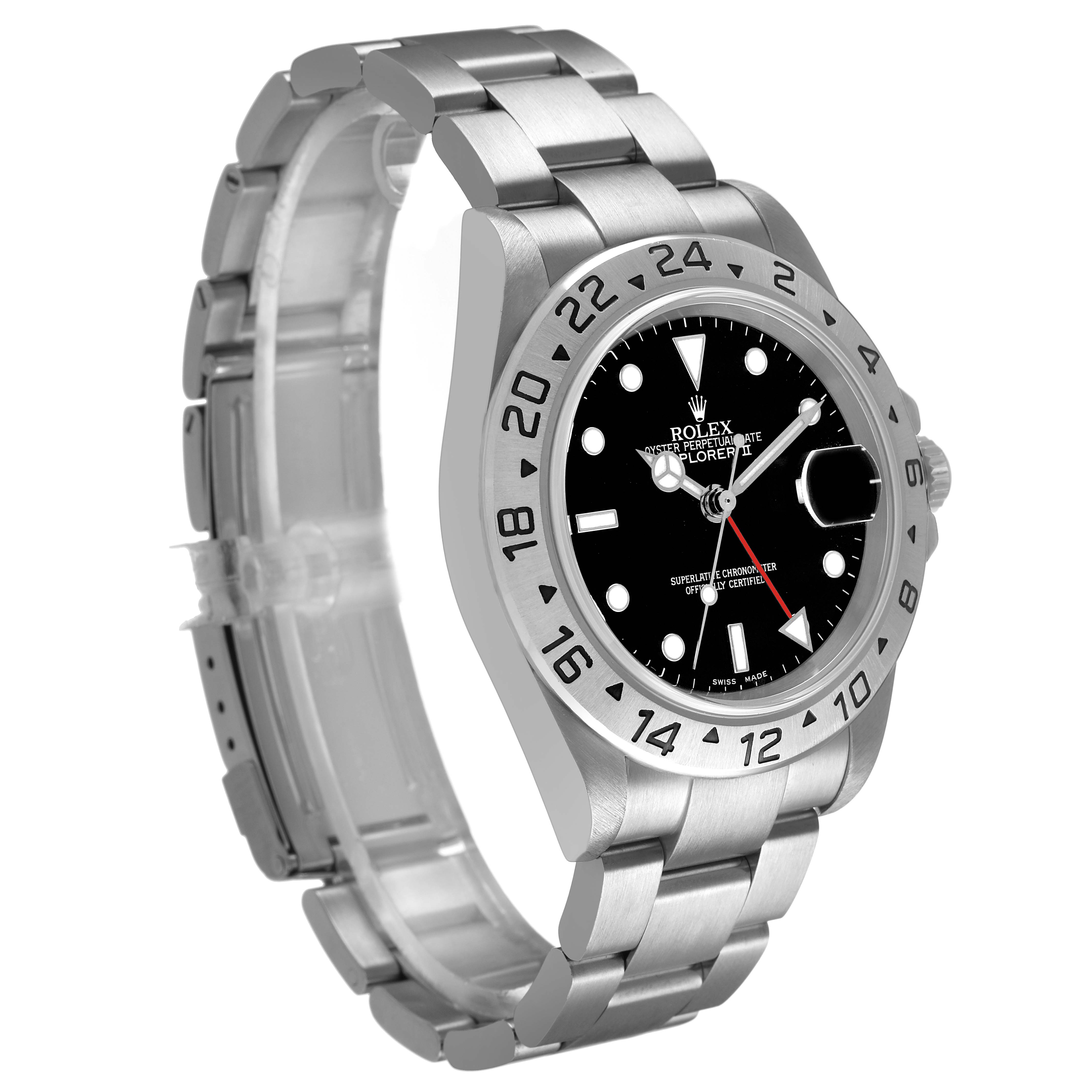 The Rolex Explorer 16570 Men's Stainless Steel Black Dial watch is shown at a three-quarter angle, highlighting the bezel, dial, bracelet, and crown.