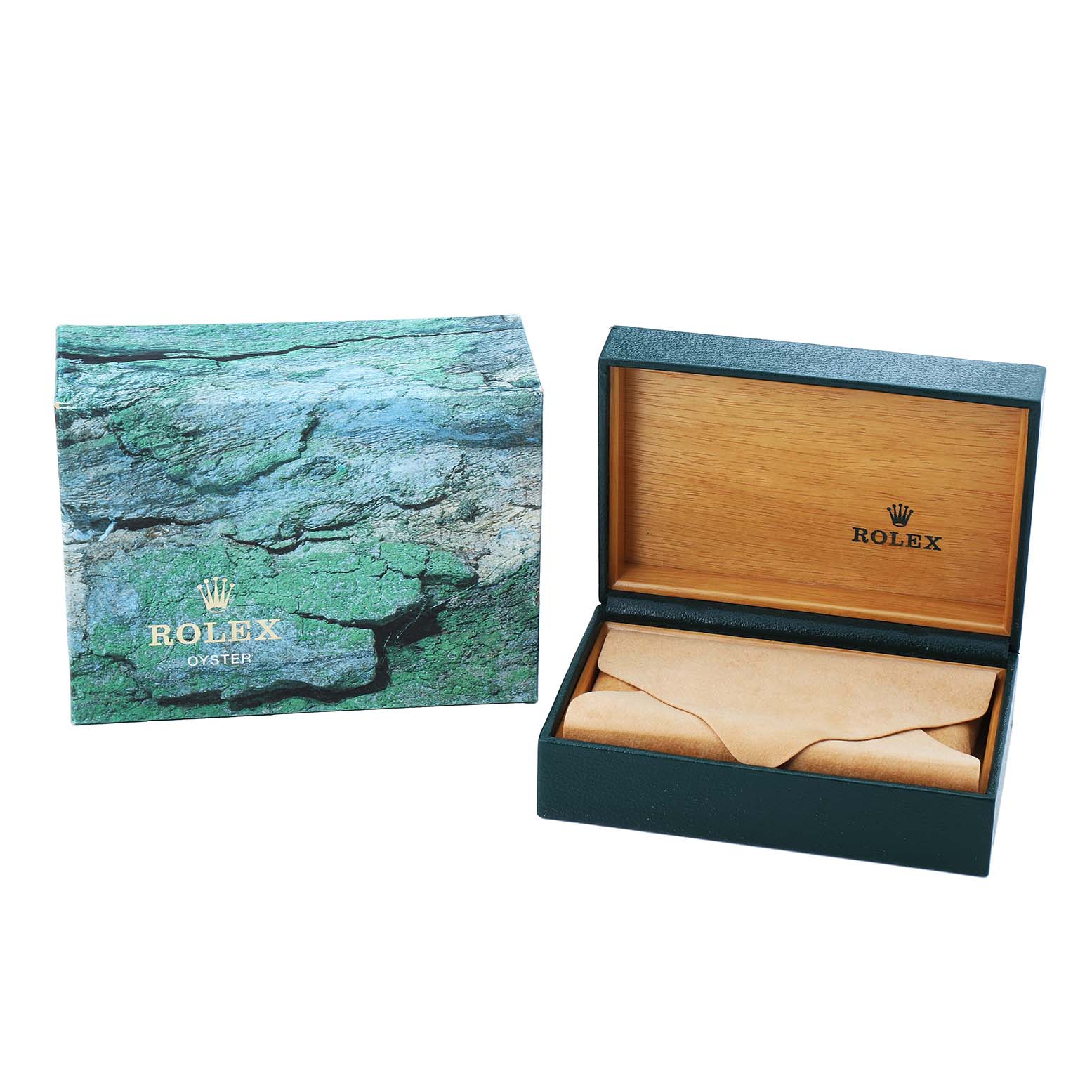 The image shows a Rolex Explorer 16570 Men's Stainless Steel Black Dial watch box and outer packaging at an angle, highlighting the open box's inner lining and branding.