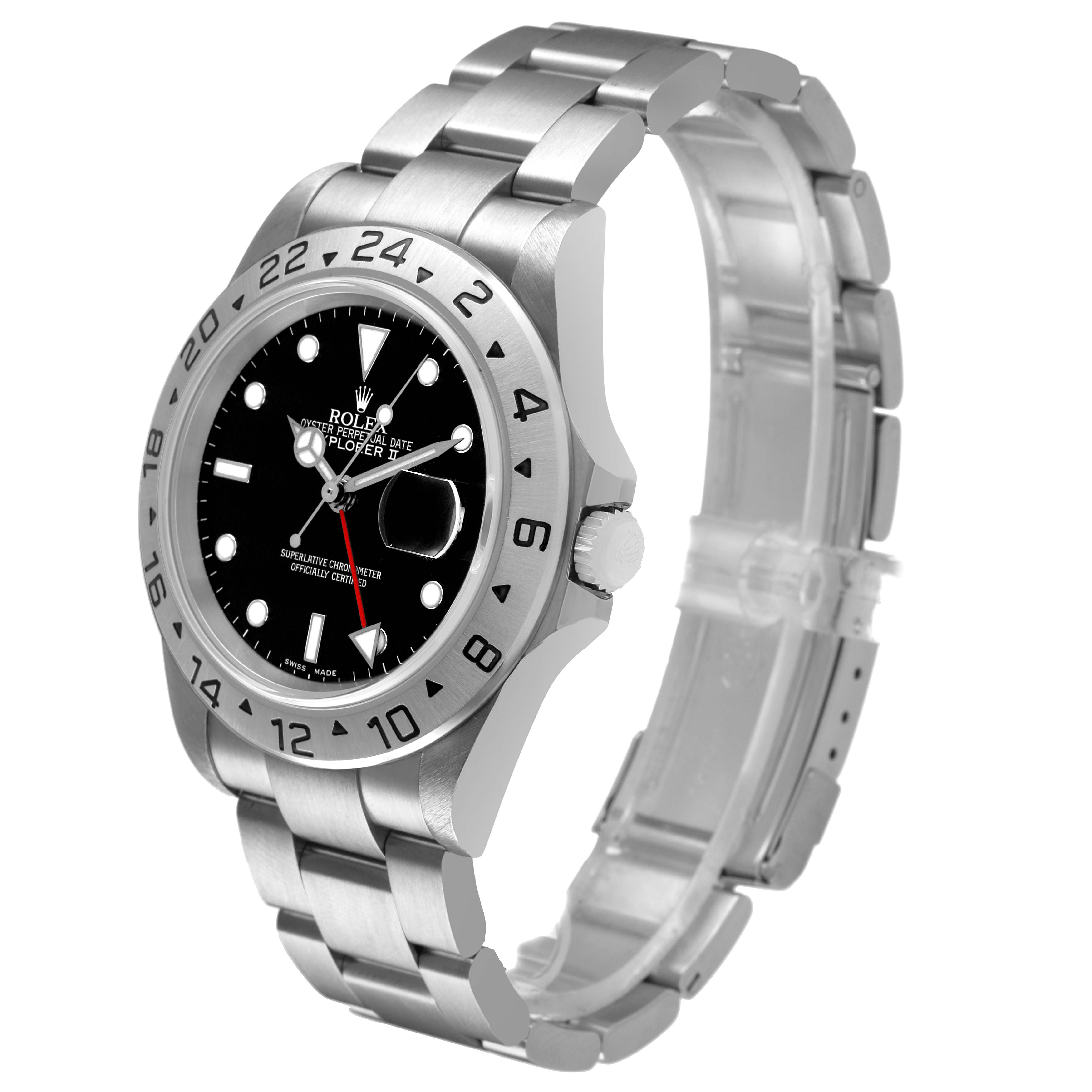 The Rolex Explorer 16570 Men's Stainless Steel Black Dial model is shown at a three-quarter angle, highlighting the face, bezel, crown, and metal bracelet.