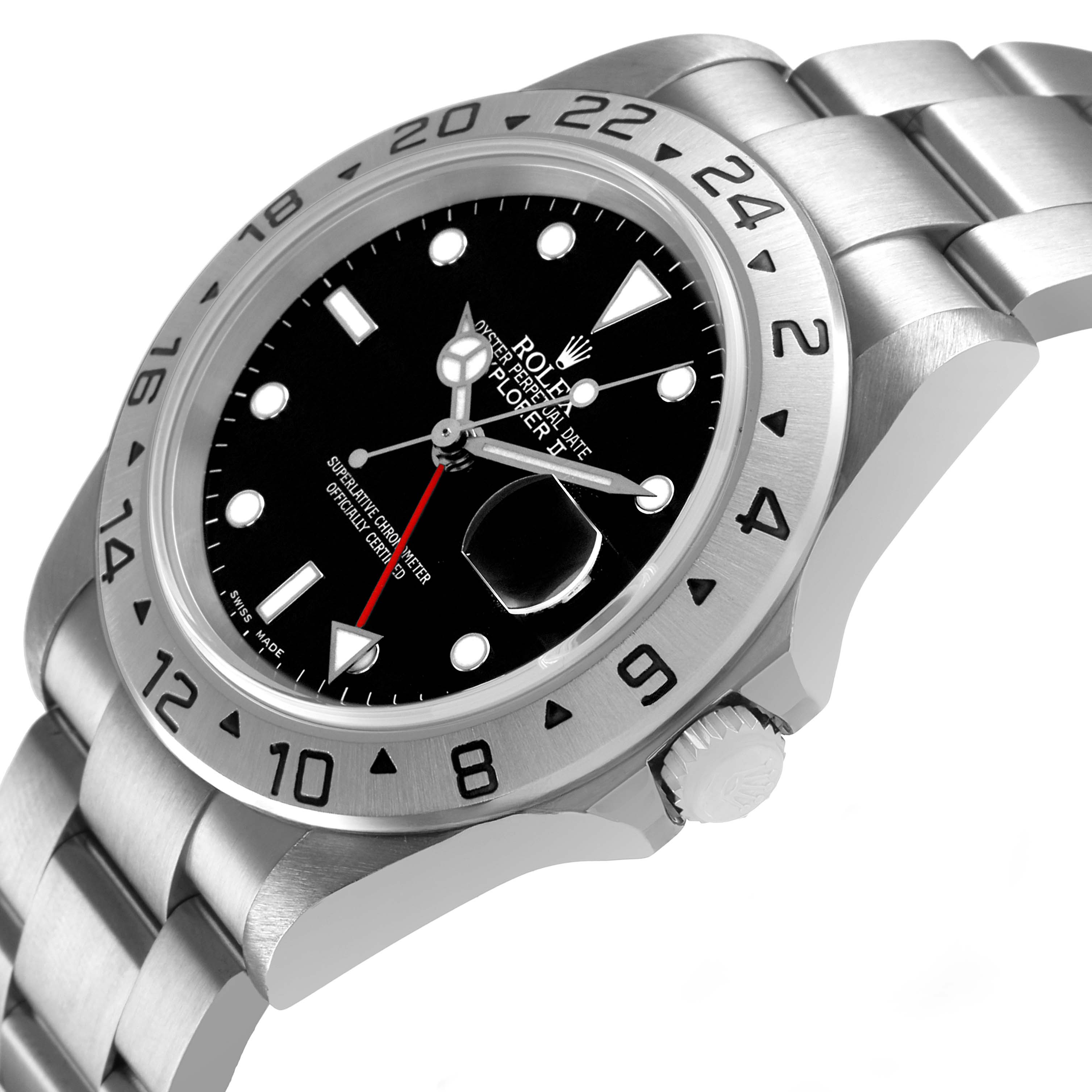 The Rolex Explorer 16570 Men's Stainless Steel Black Dial watch is shown from a three-quarter angle, highlighting the bezel, dial, crown, and bracelet.