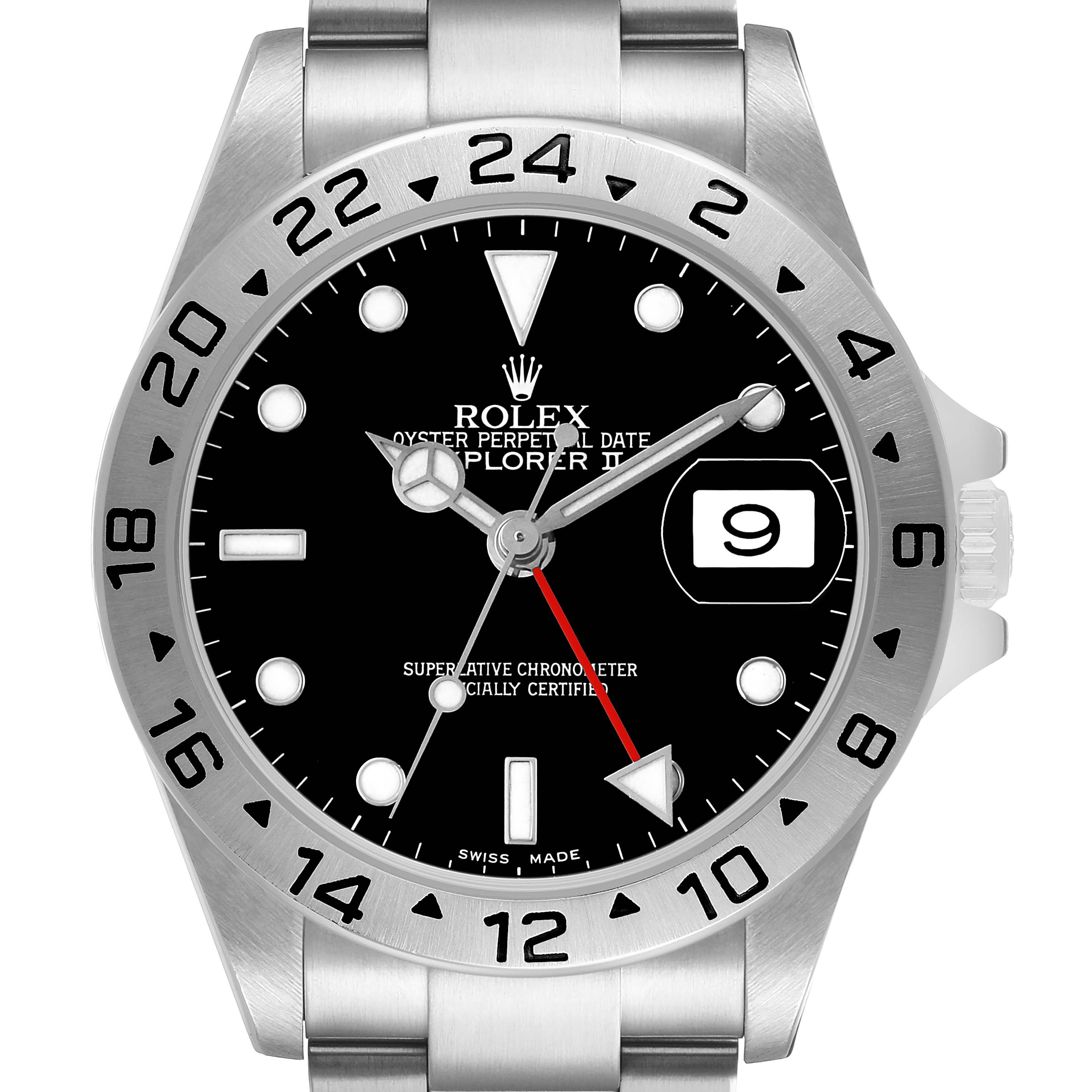 The Rolex Explorer 16570 Men's Stainless Steel Black Dial model is shown from a front angle, displaying its black dial, date feature, and 24-hour bezel.