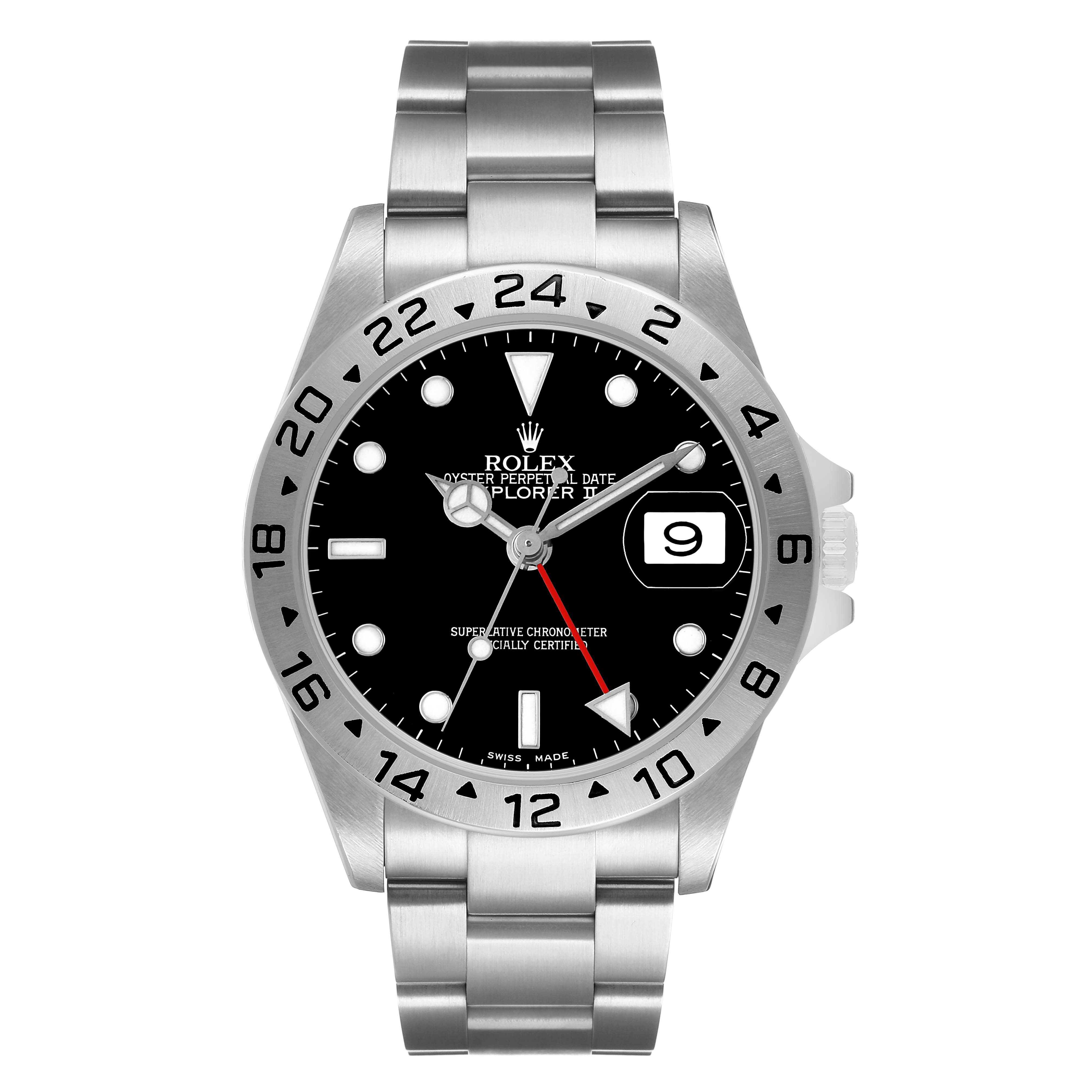 The Rolex Explorer 16570 Men's Stainless Steel Black Dial model is shown from the front, highlighting the bezel, dial, bracelet, and date window.