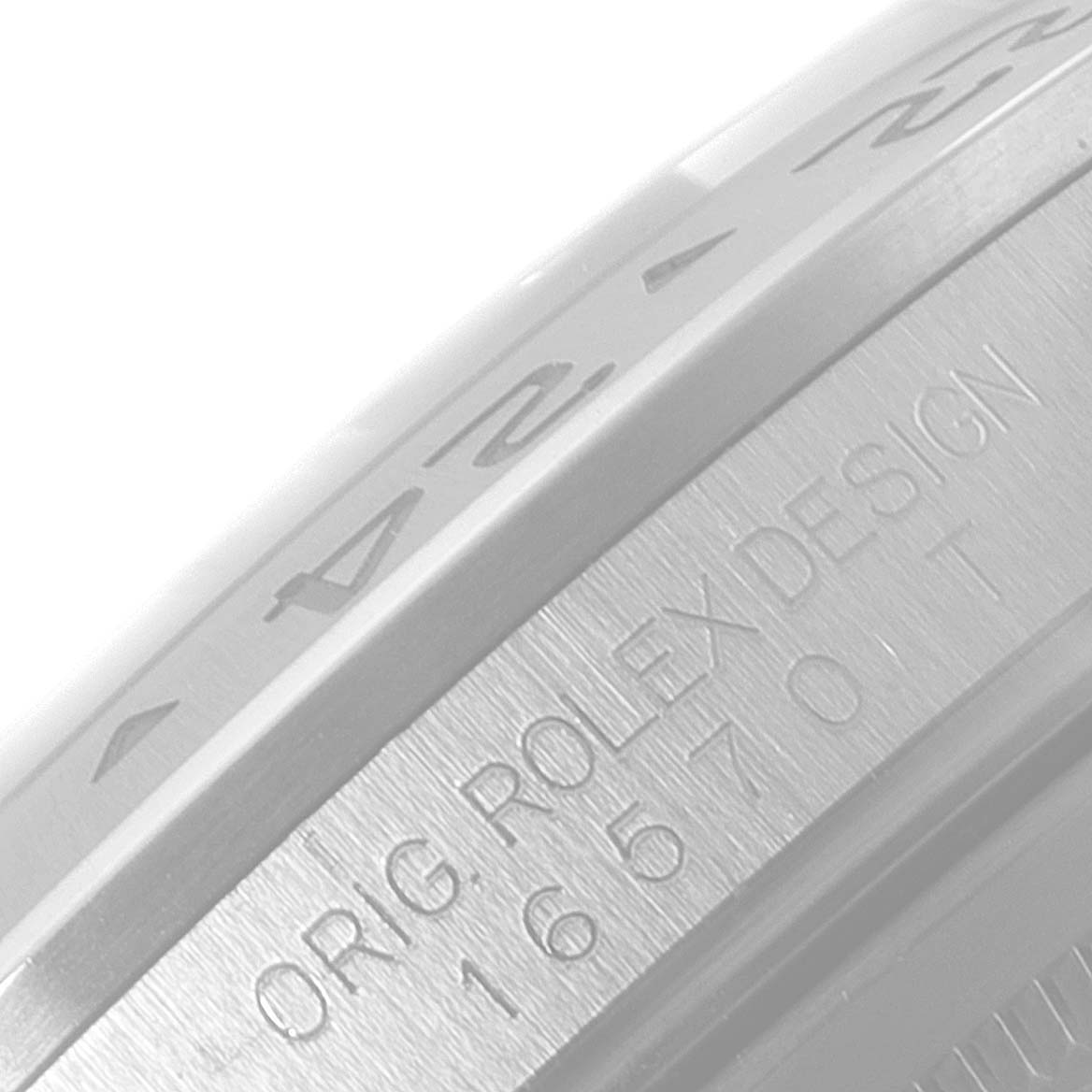 The image shows a close-up of the case side and bezel of a Rolex Explorer 16570 Men
s Stainless Steel White Dial 16570 Men
s Stainless Steel White Dial watch, with engraved markings.