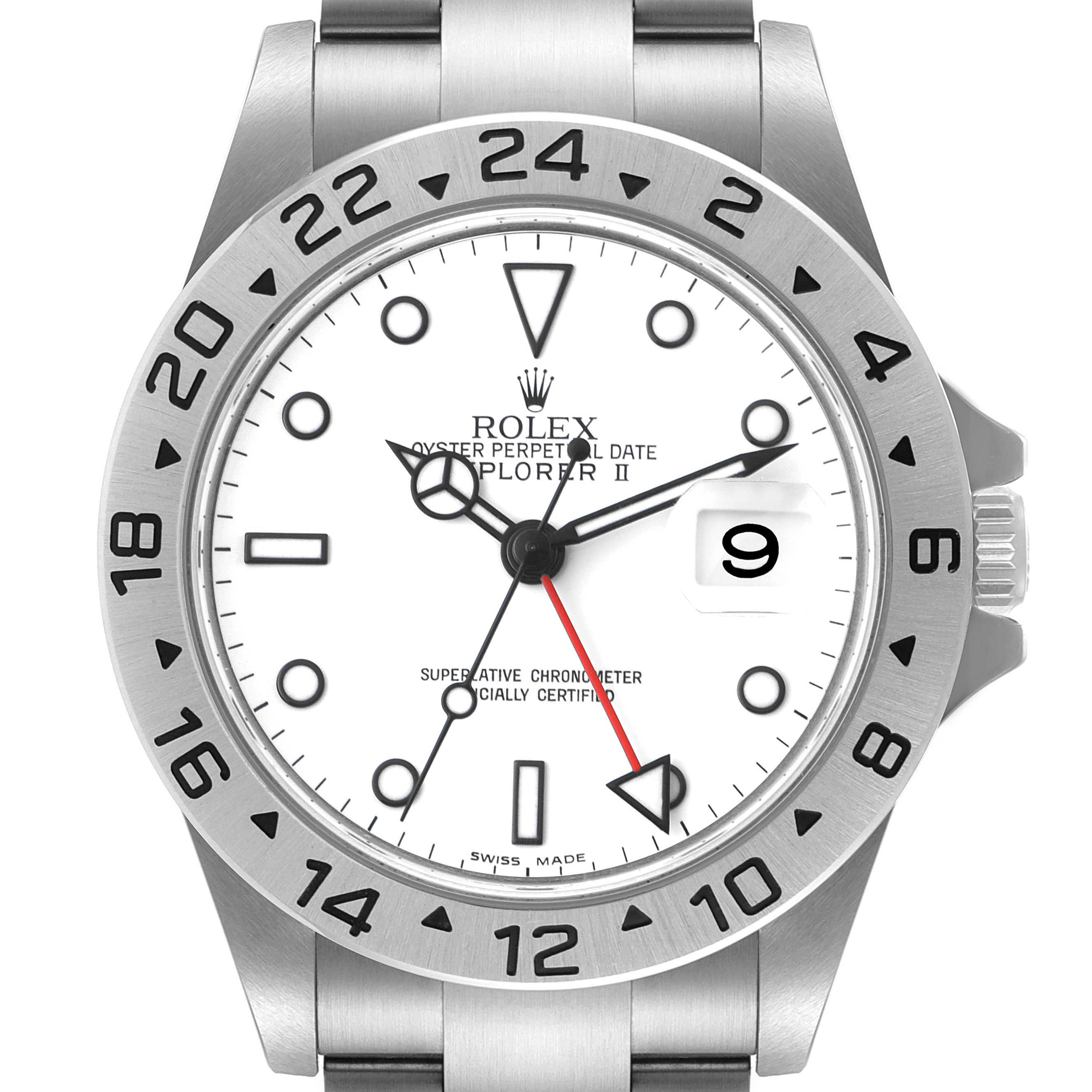 This is a close-up of a Rolex Explorer 16570 Men
s Stainless Steel White Dial 16570 Men
s Stainless Steel White Dial watch showing the face, bezel, and part of the strap.