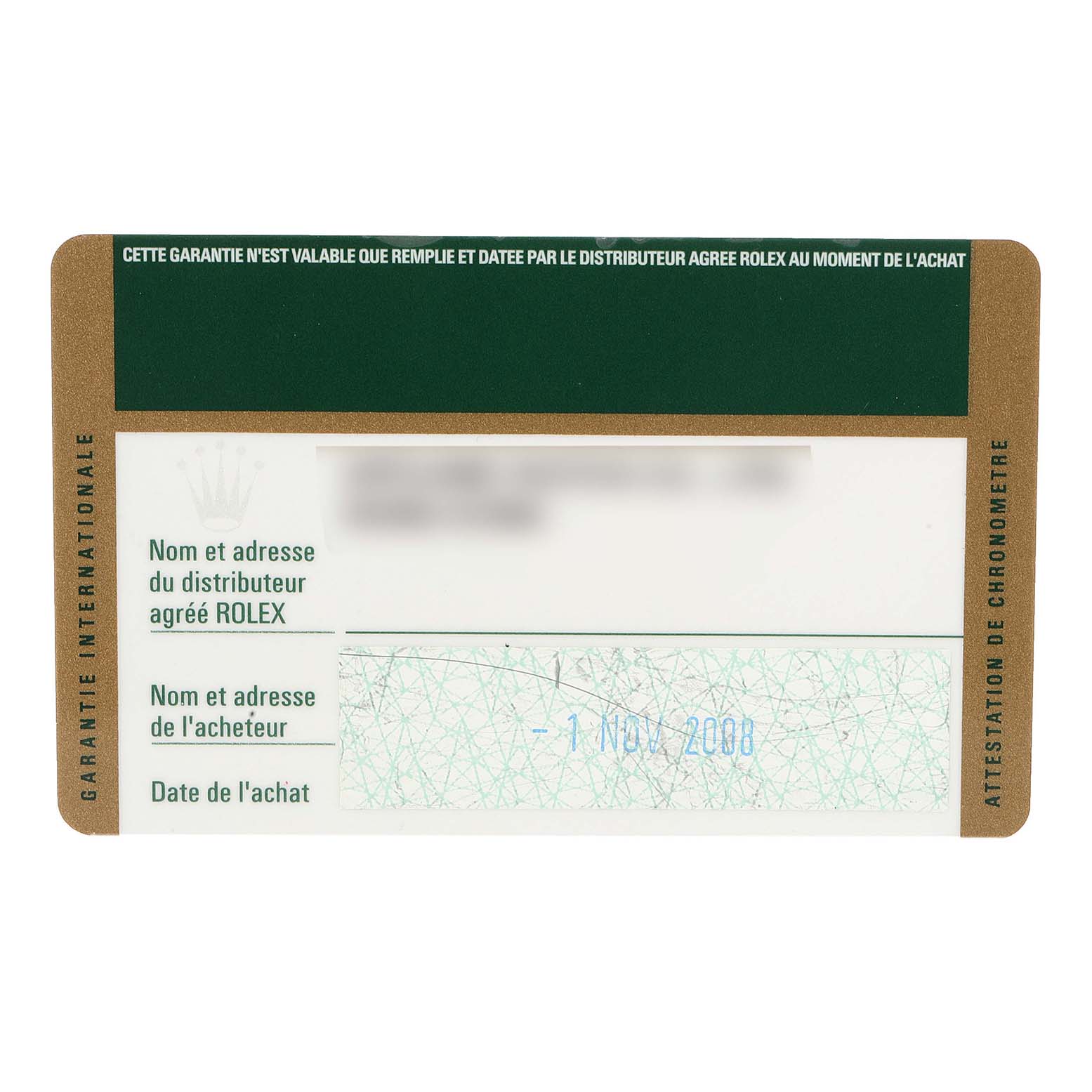 This image shows the warranty card for the Rolex Explorer 16570 Men
s Stainless Steel White Dial 16570 Men
s Stainless Steel White Dial watch, detailing the distributor, buyer, and purchase date.