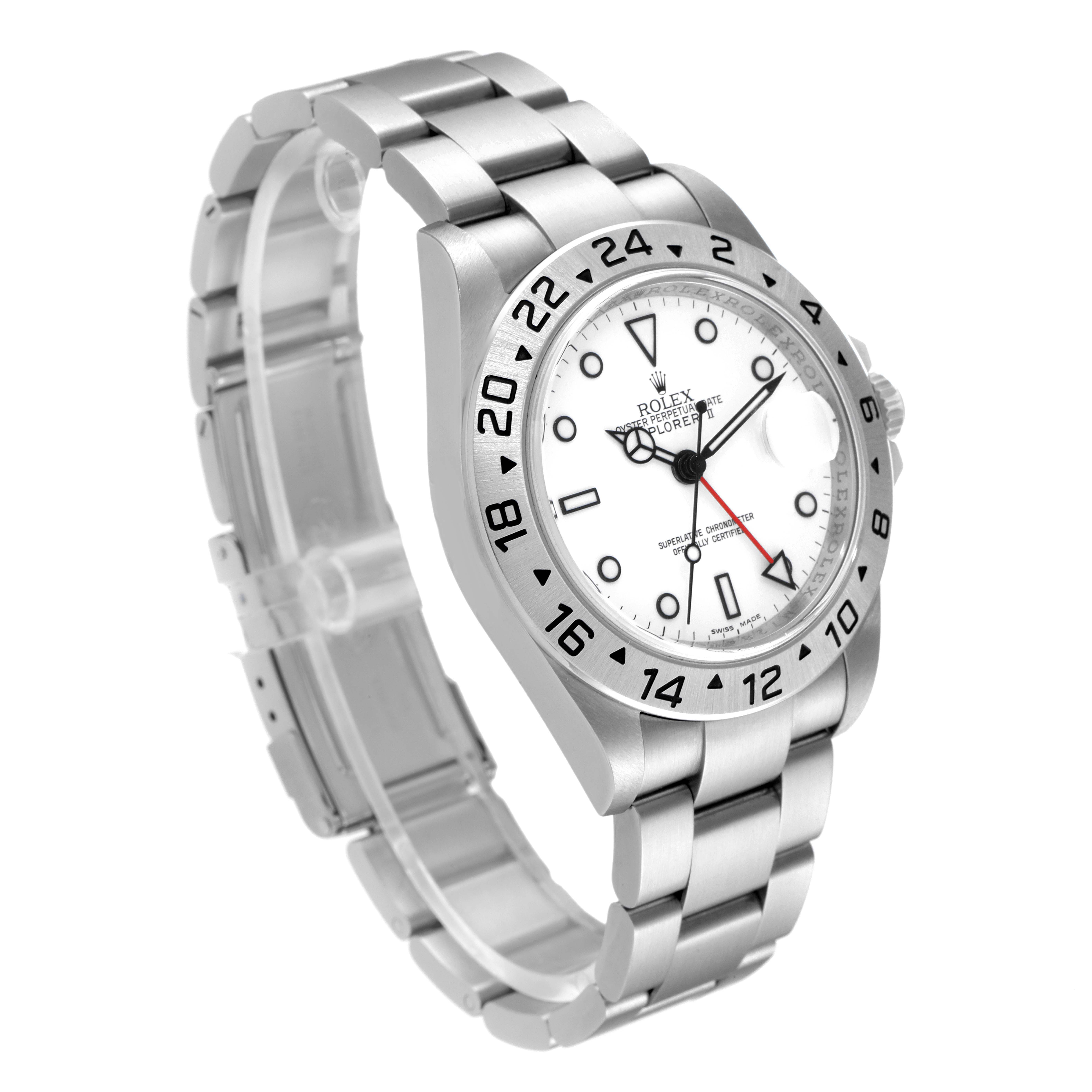 This image shows a side angle of a Rolex Explorer 16570 Men
s Stainless Steel White Dial 16570 Men
s Stainless Steel White Dial watch, highlighting its silver bracelet, white dial, and bezel.