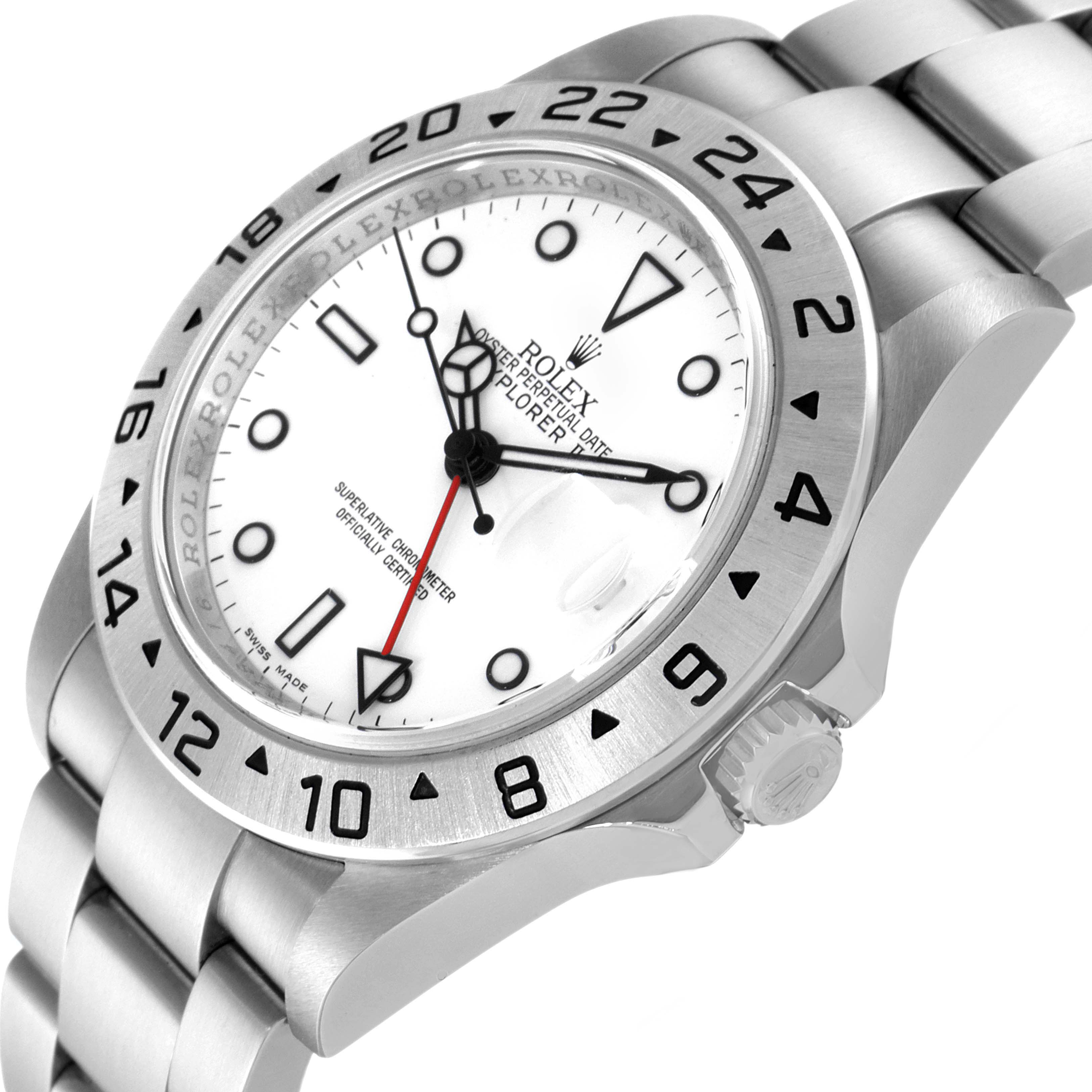 The image shows a side angle of a Rolex Explorer 16570 Men
s Stainless Steel White Dial 16570 Men
s Stainless Steel White Dial watch, displaying the bezel, crown, and part of the bracelet.