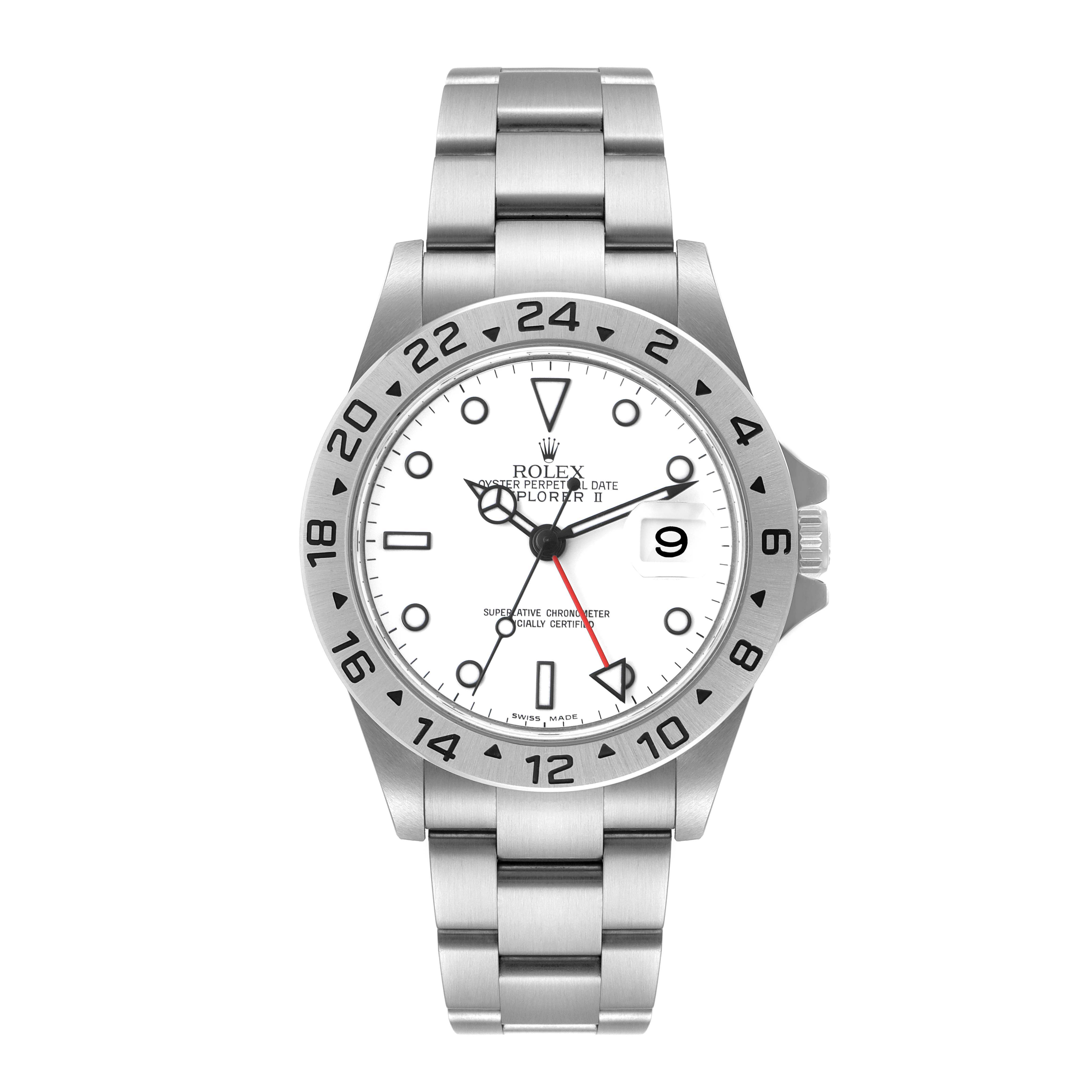 The image shows a front view of a Rolex Explorer 16570 Men
s Stainless Steel White Dial 16570 Men
s Stainless Steel White Dial watch, highlighting the dial, bezel, and stainless steel bracelet.