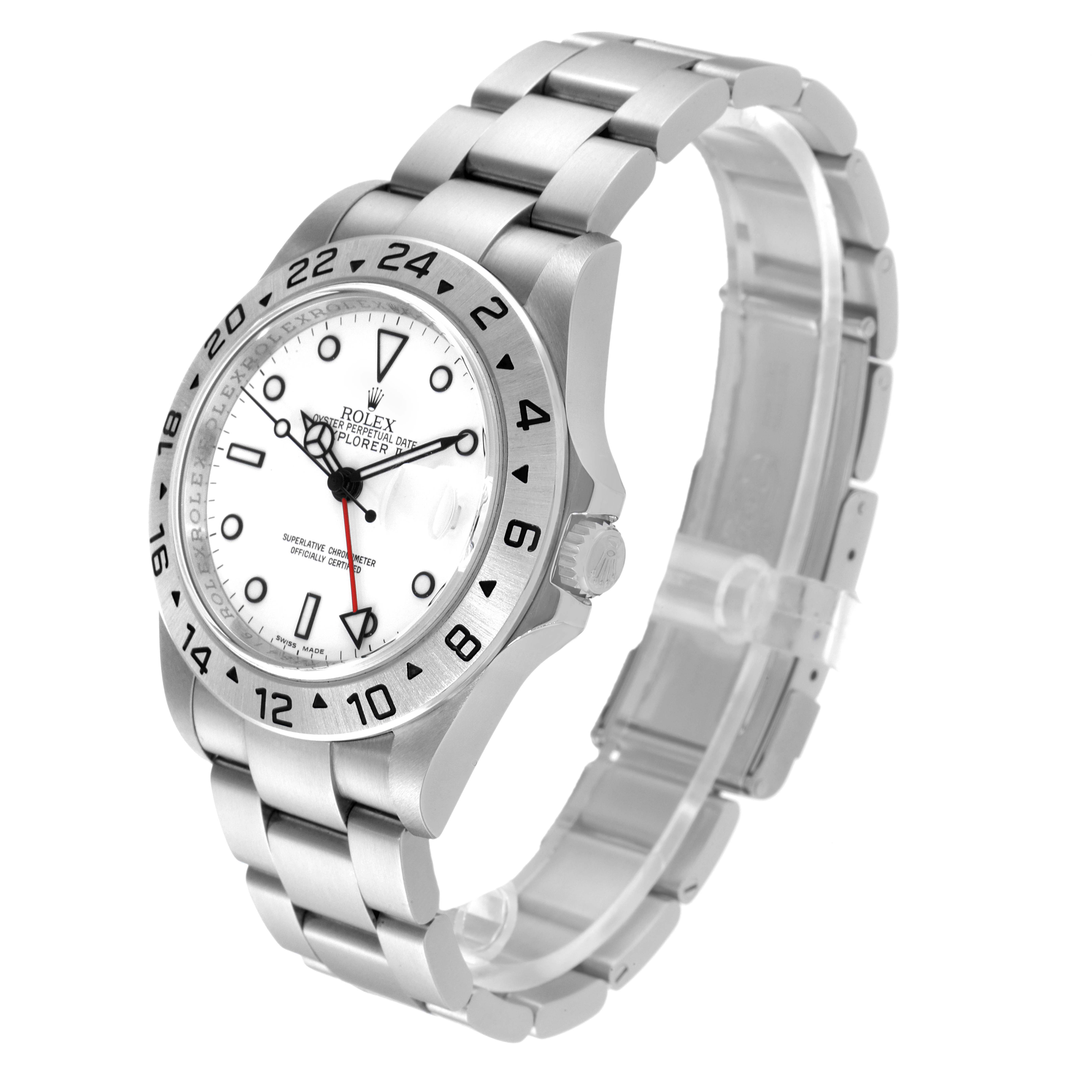 The image shows a Rolex Explorer 16570 Men
s Stainless Steel White Dial 16570 Men
s Stainless Steel White Dial watch from a three-quarter angle, highlighting its bracelet, bezel, and dial.