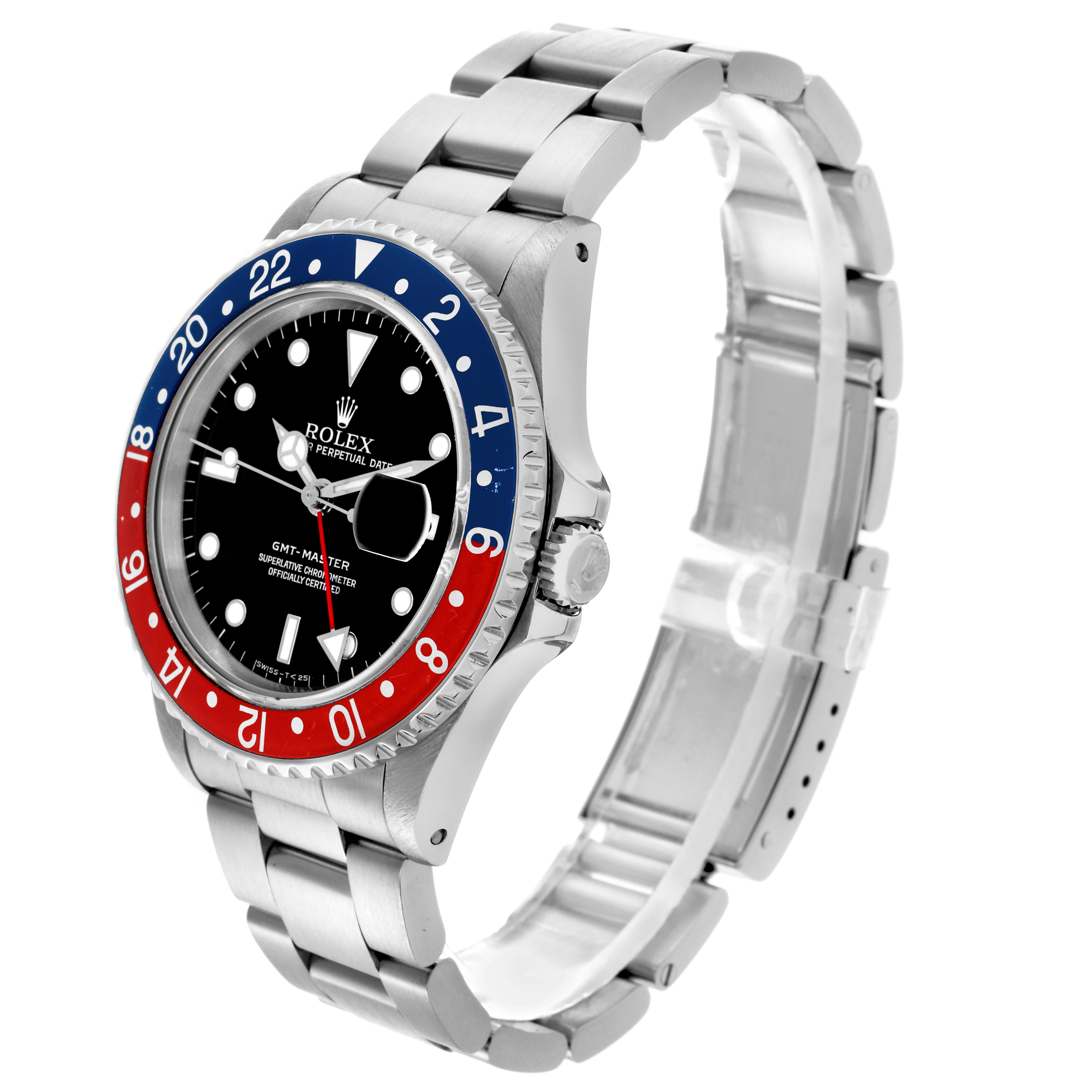 The Rolex GMT-Master 16700 Men's Stainless Steel Black Dial 16700 Men's Stainless Steel Black Dial watch is shown at a three-quarter angle with its bezel, dial, and metal bracelet visible.