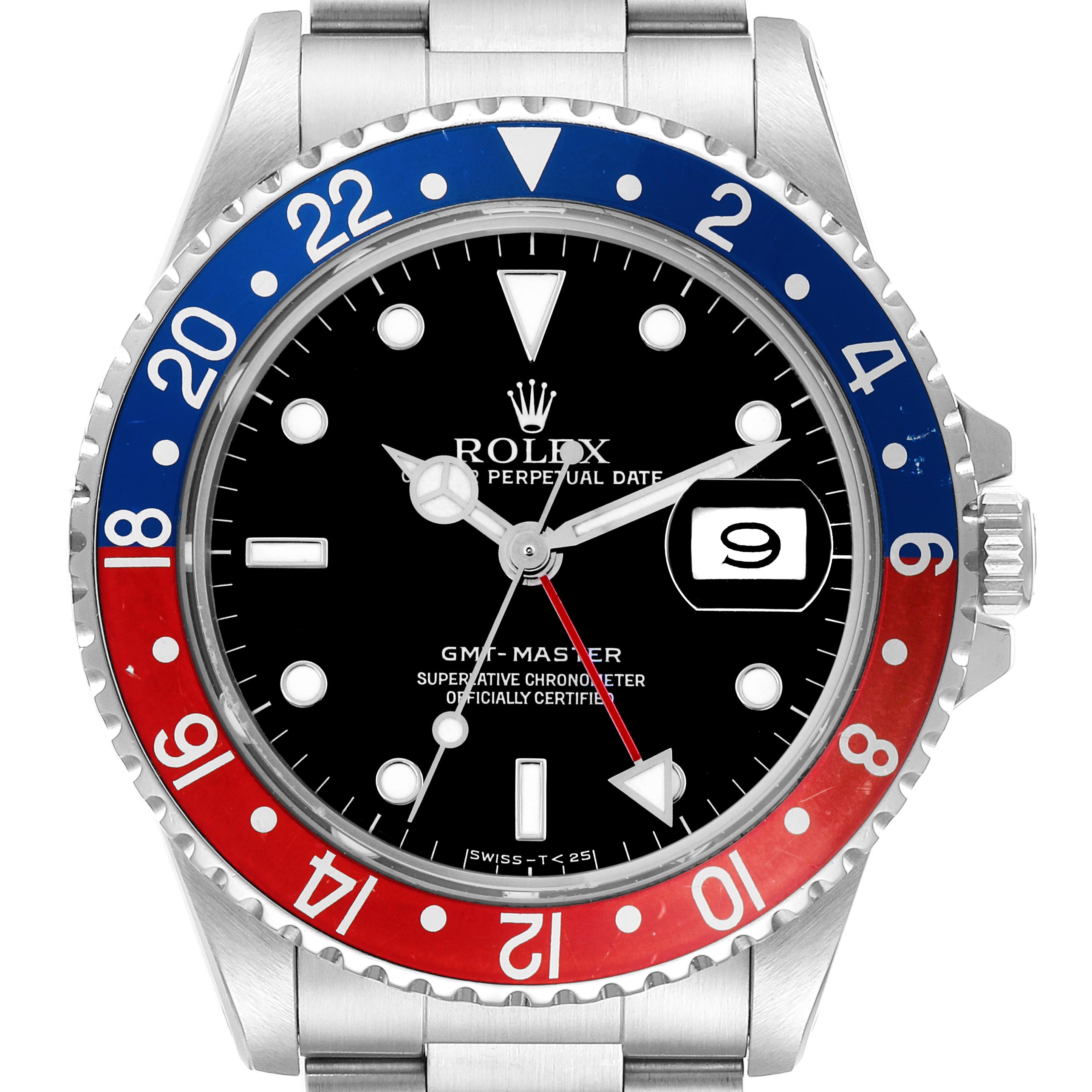 The Rolex GMT-Master 16700 Men's Stainless Steel Black Dial 16700 Men's Stainless Steel Black Dial watch is shown from the front, highlighting the dial, bezel, hands, and bracelet.