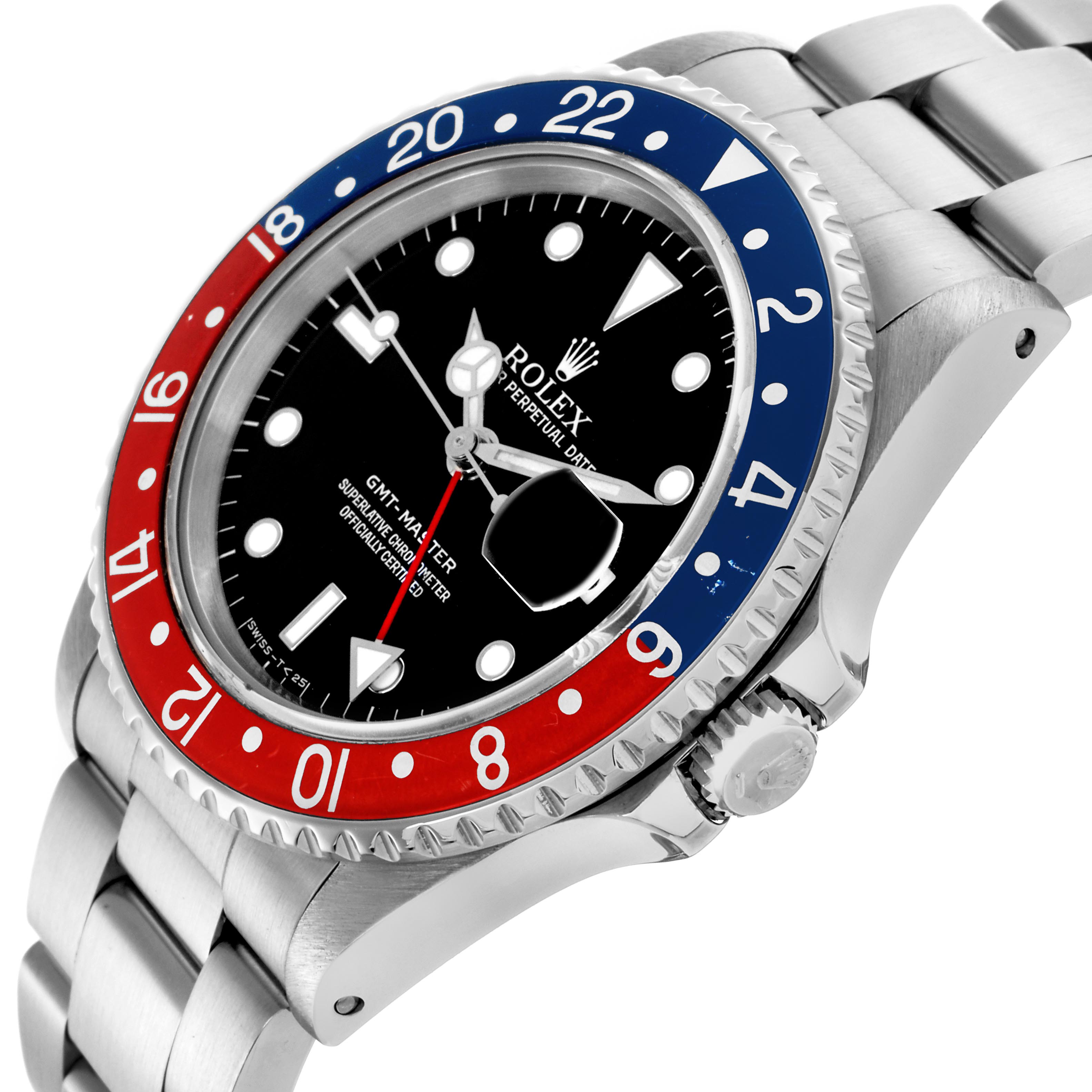 The Rolex GMT-Master 16700 Men's Stainless Steel Black Dial 16700 Men's Stainless Steel Black Dial watch is shown at a three-quarter angle, highlighting the bezel, face, crown, and bracelet.