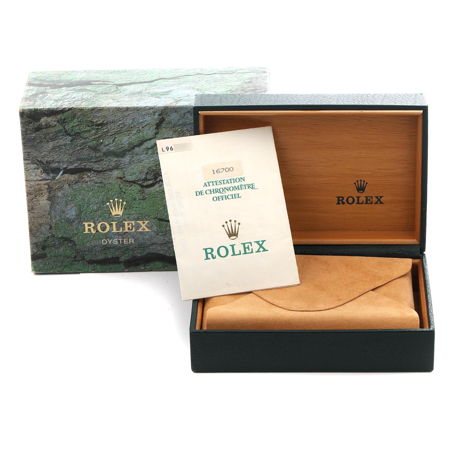 The image shows the packaging and certificate for a Rolex GMT-Master 16700 Men's Stainless Steel Black Dial 16700 Men's Stainless Steel Black Dial, including an outer box, inner box, and paperwork.