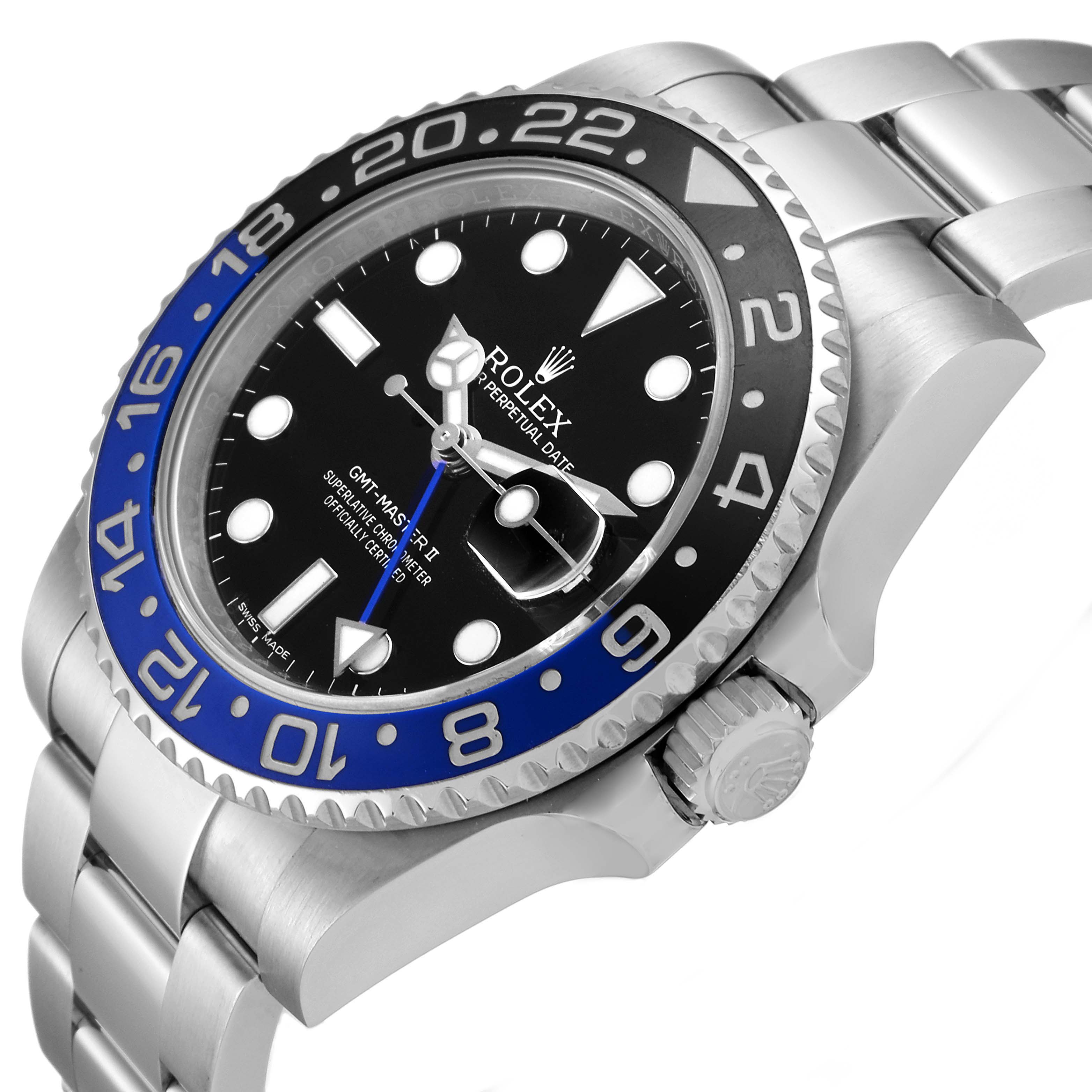 This Rolex GMT-Master 116710 Men's Stainless Steel Black Dial 116710 Men's Stainless Steel Black Dial watch is shown at an angle highlighting the bezel, dial, and part of the bracelet.
