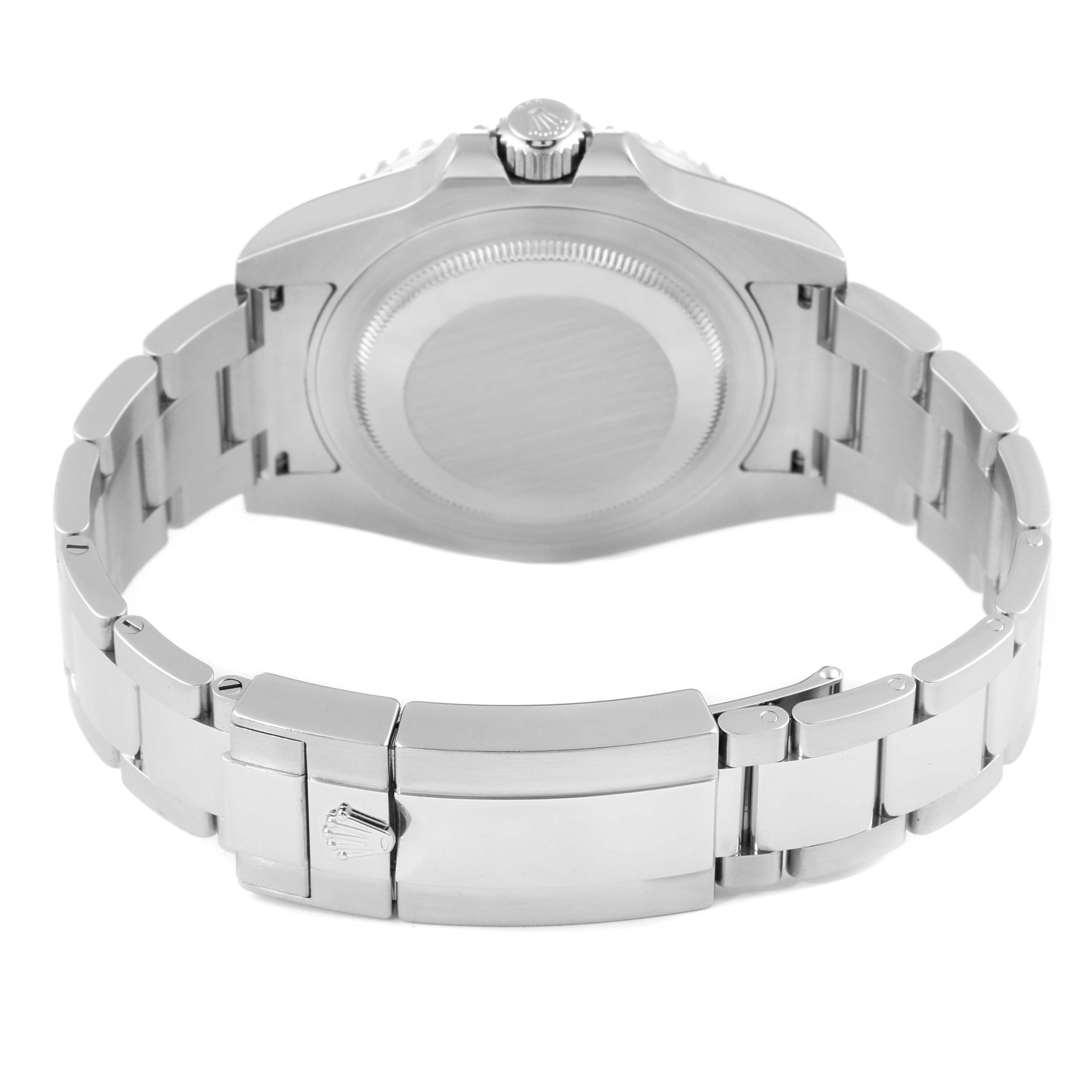 The image shows the back of a Rolex GMT-Master 116710 Men's Stainless Steel Black Dial 116710 Men's Stainless Steel Black Dial watch and its metal bracelet with the clasp open.