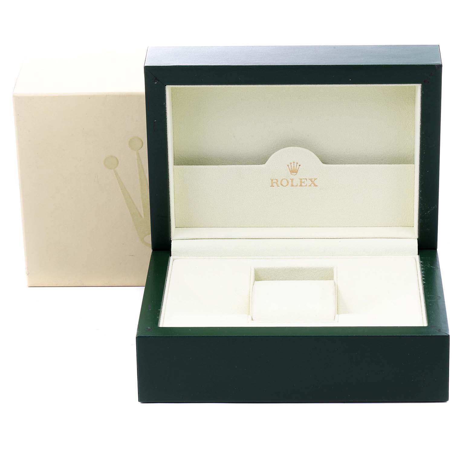 This image shows an open Rolex GMT-Master 116710 Men's Stainless Steel Black Dial 116710 Men's Stainless Steel Black Dial watch box and its outer beige box, viewed from the front.