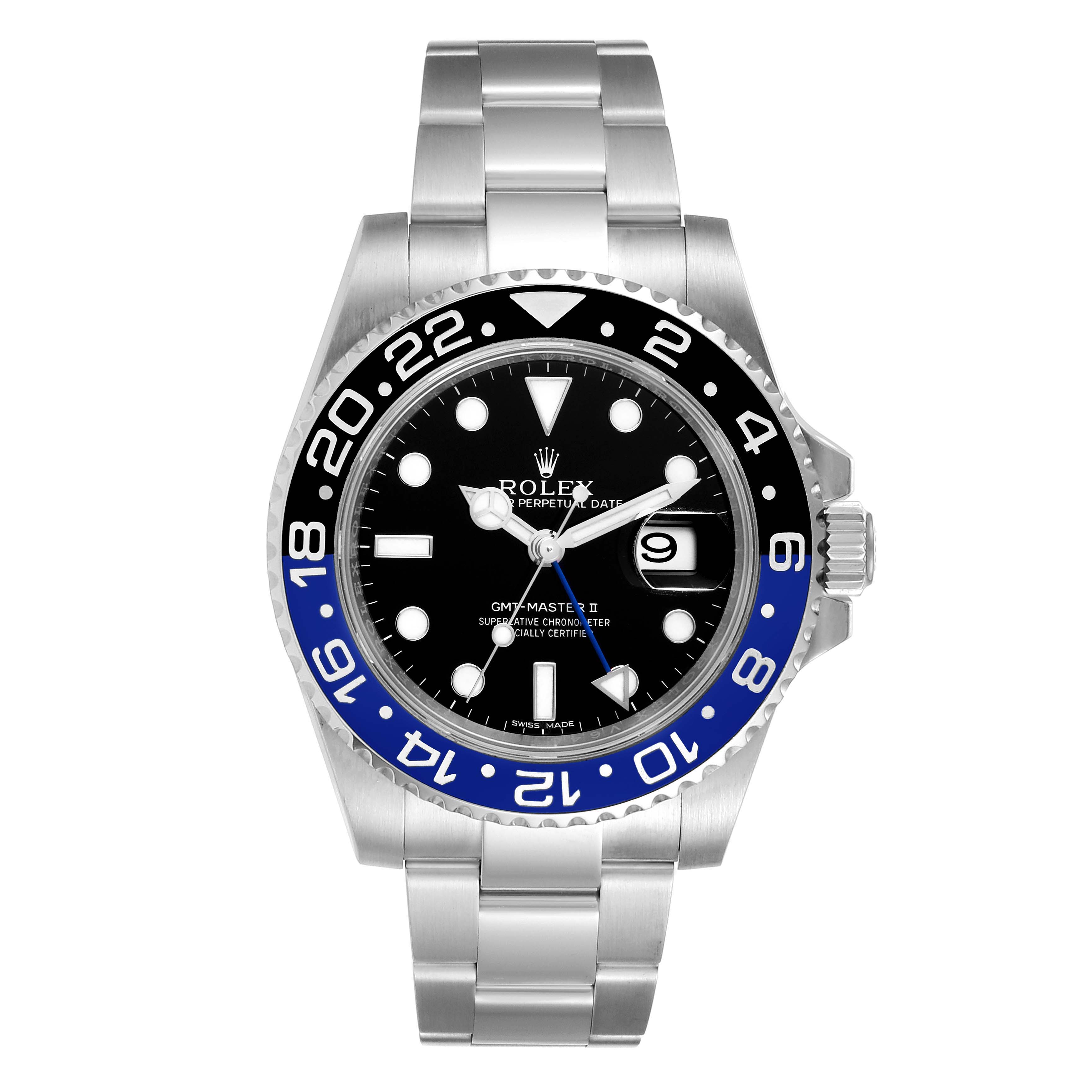 This image shows the front view of a Rolex GMT-Master 116710 Men's Stainless Steel Black Dial 116710 Men's Stainless Steel Black Dial II watch, including the dial, bezel, case, crown, and bracelet.
