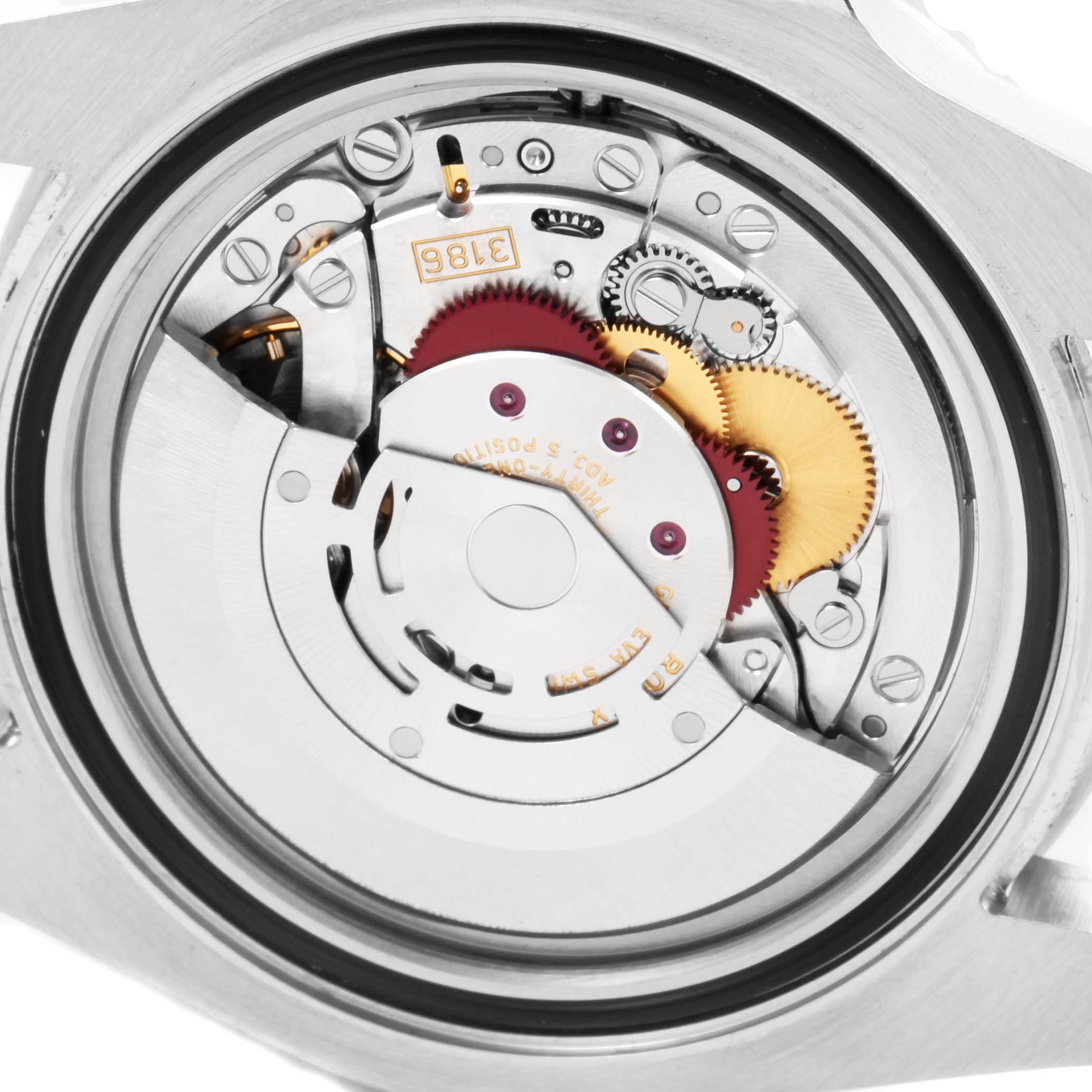 This image shows the intricate internal movement mechanism of a Rolex GMT-Master 116710 Men's Stainless Steel Black Dial 116710 Men's Stainless Steel Black Dial watch from a rear angle.