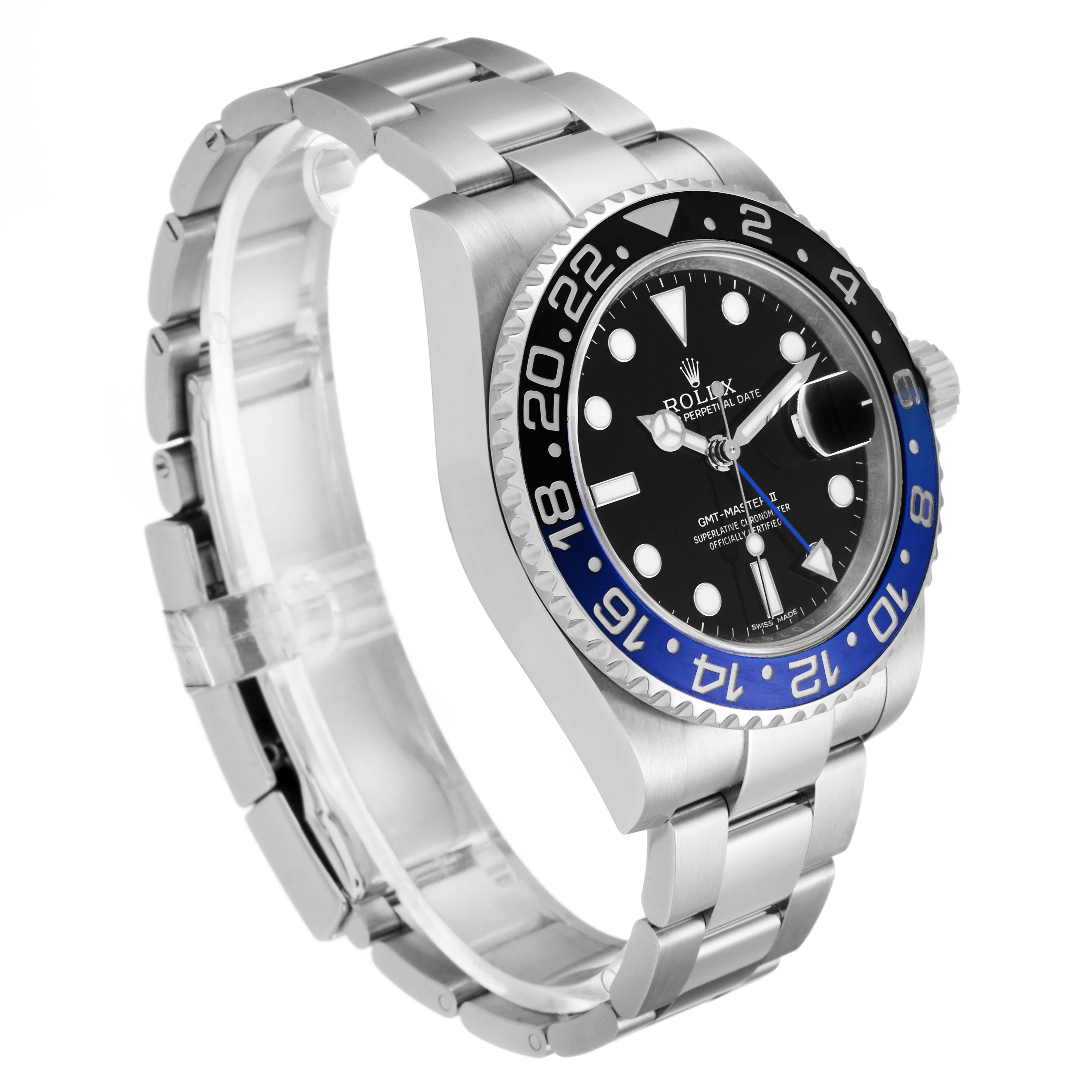 This image shows an angled side view of a Rolex GMT-Master 116710 Men's Stainless Steel Black Dial 116710 Men's Stainless Steel Black Dial watch with its bracelet, dial, and bezel clearly visible.