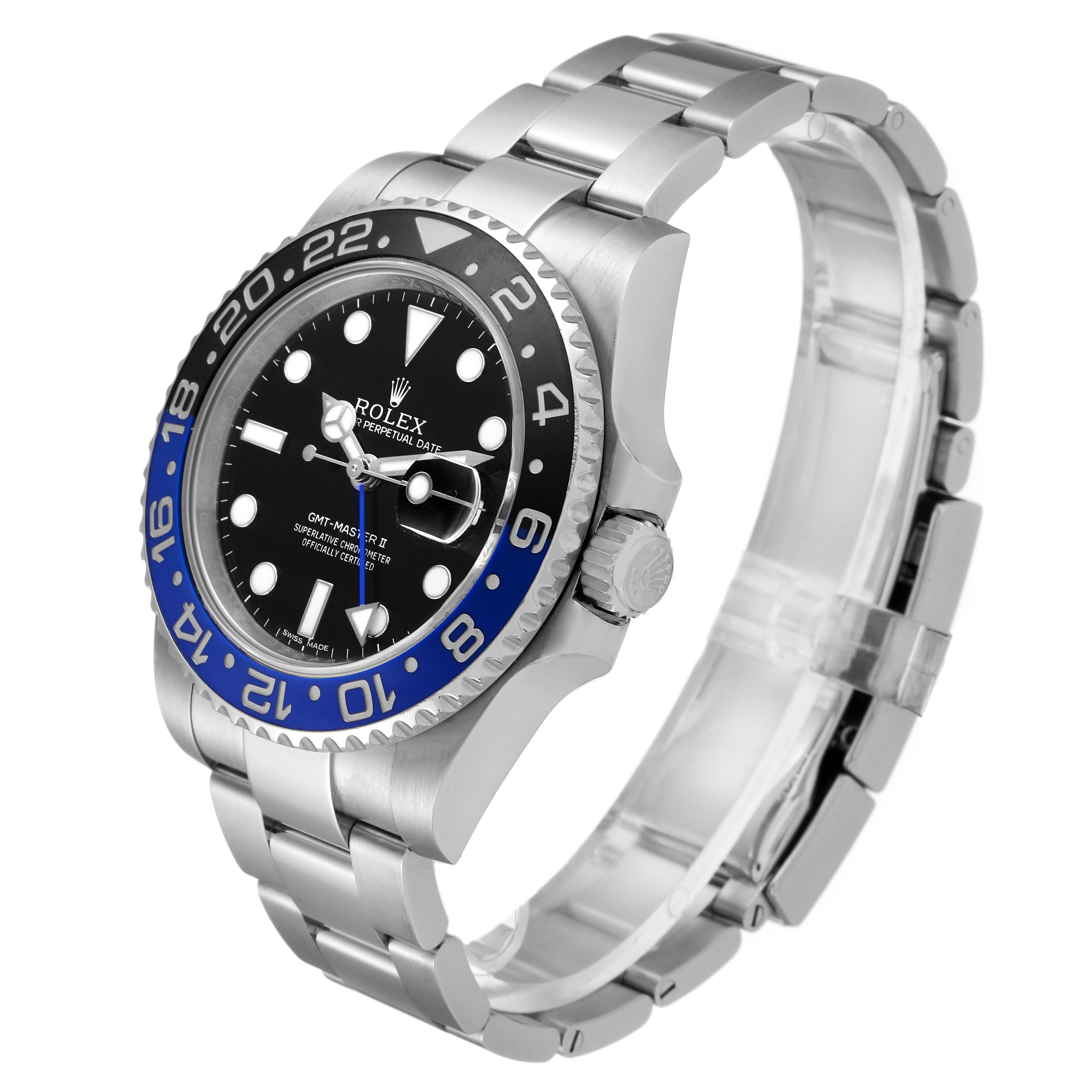 The image shows a side angle view of a Rolex GMT-Master 116710 Men's Stainless Steel Black Dial 116710 Men's Stainless Steel Black Dial watch, highlighting its bezel, dial, and bracelet.