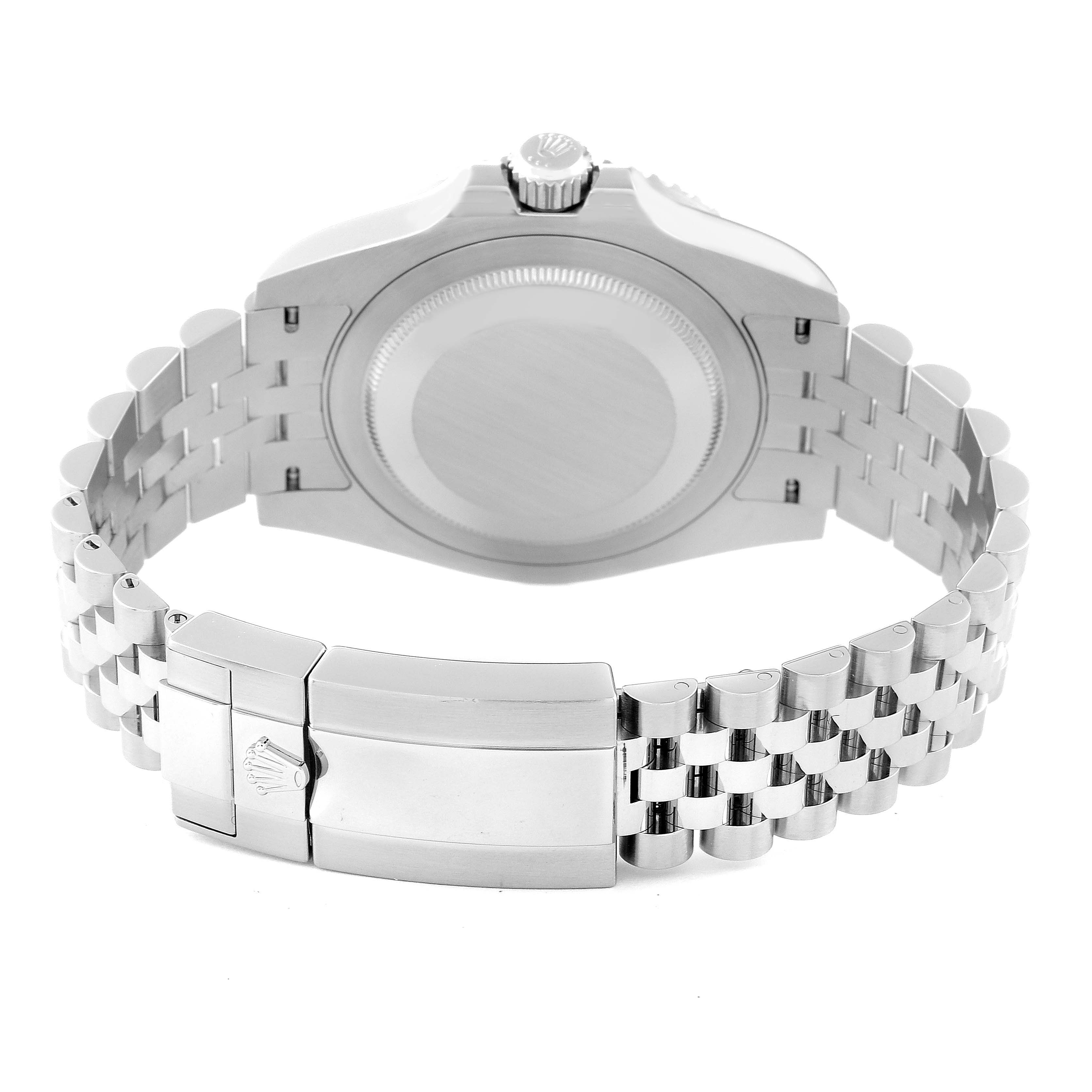 This image shows the back case, crown, and bracelet clasp of a Rolex GMT-Master 126710BLRO Men
s Stainless Steel Black Dial 126710BLRO Men
s Stainless Steel Black Dial watch from a rear angle.