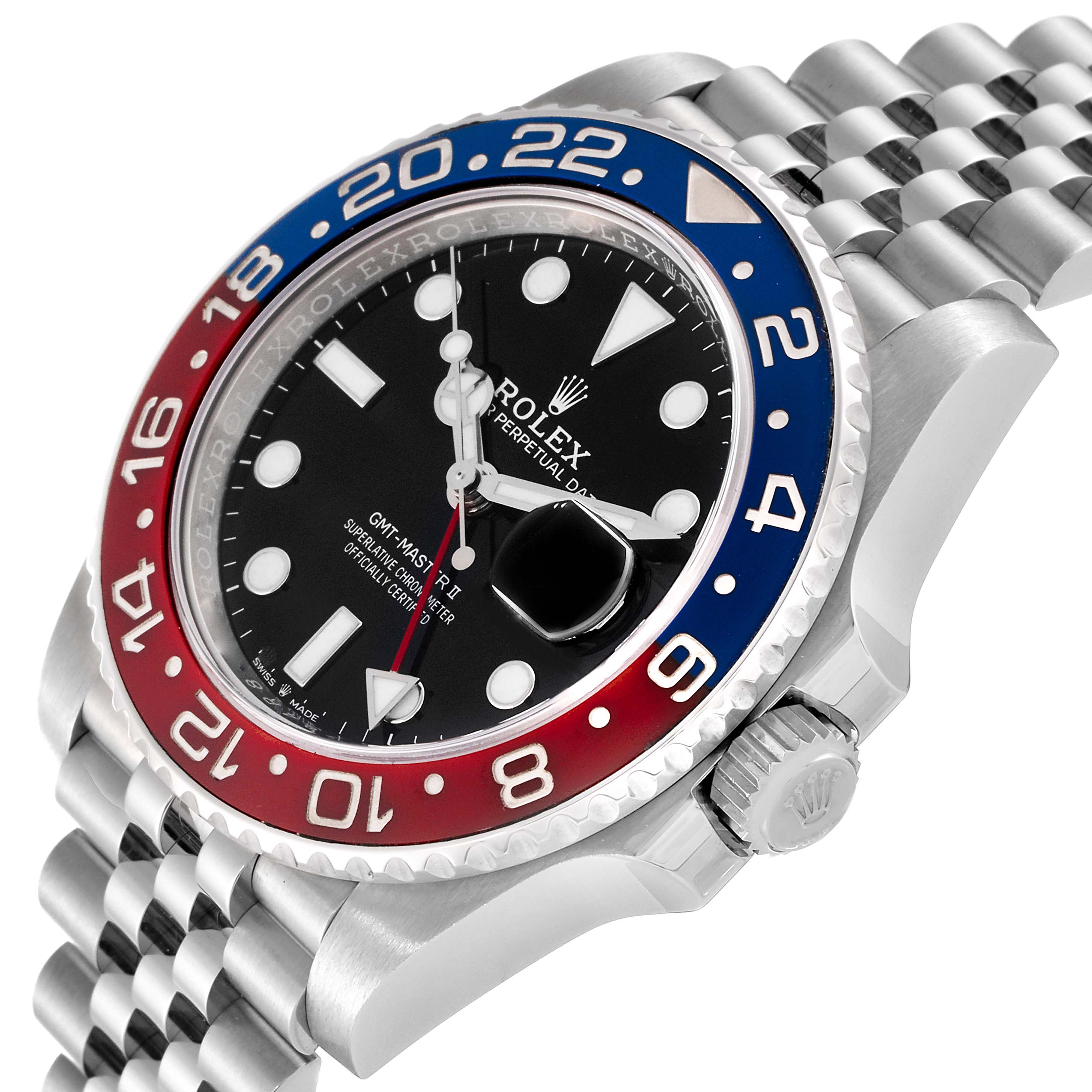 The image shows a close-up angle of a Rolex GMT-Master 126710BLRO Men
s Stainless Steel Black Dial 126710BLRO Men
s Stainless Steel Black Dial watch, highlighting the bezel, dial, crown, and part of the bracelet.