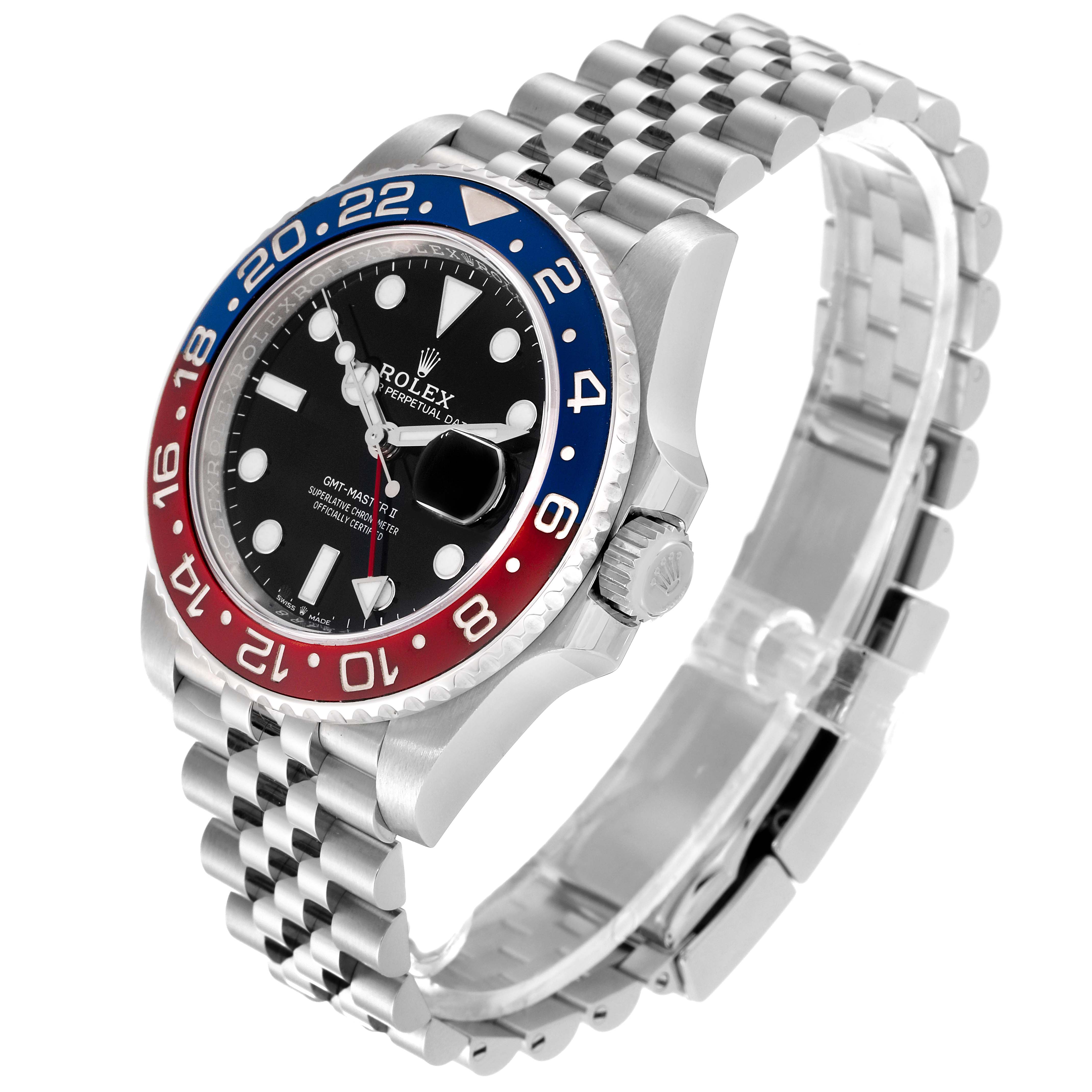 The Rolex GMT-Master 126710BLRO Men
s Stainless Steel Black Dial 126710BLRO Men
s Stainless Steel Black Dial watch is shown at a three-quarter angle, displaying the face, bezel, and bracelet.