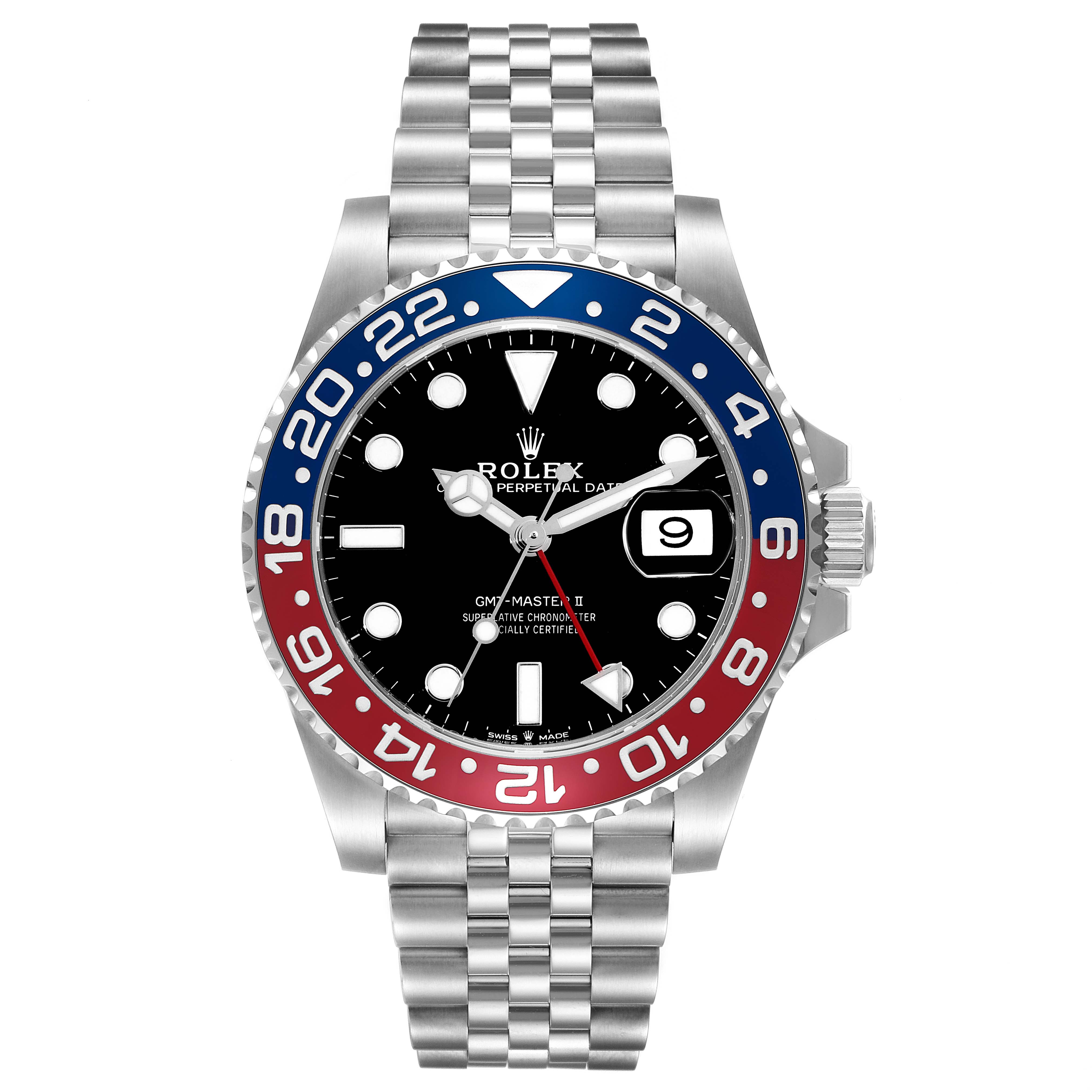The Rolex GMT-Master 126710BLRO Men
s Stainless Steel Black Dial 126710BLRO Men
s Stainless Steel Black Dial II watch is shown from the front, displaying the bezel, dial, hands, date window, and bracelet.