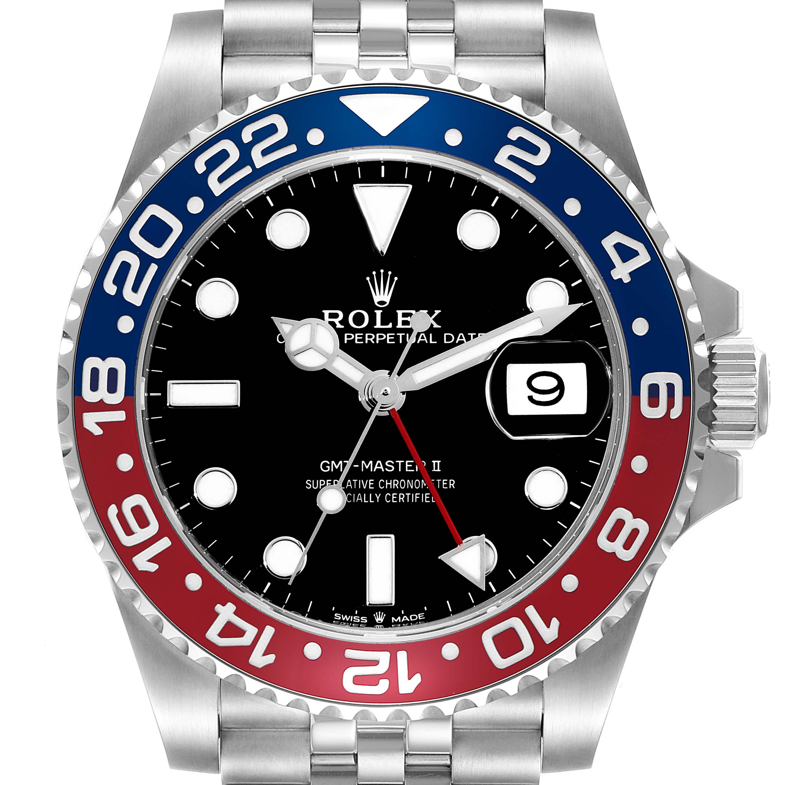 The image shows a front view of the Rolex GMT-Master 126710BLRO Men
s Stainless Steel Black Dial 126710BLRO Men
s Stainless Steel Black Dial II watch with a black dial and a red and blue bezel.