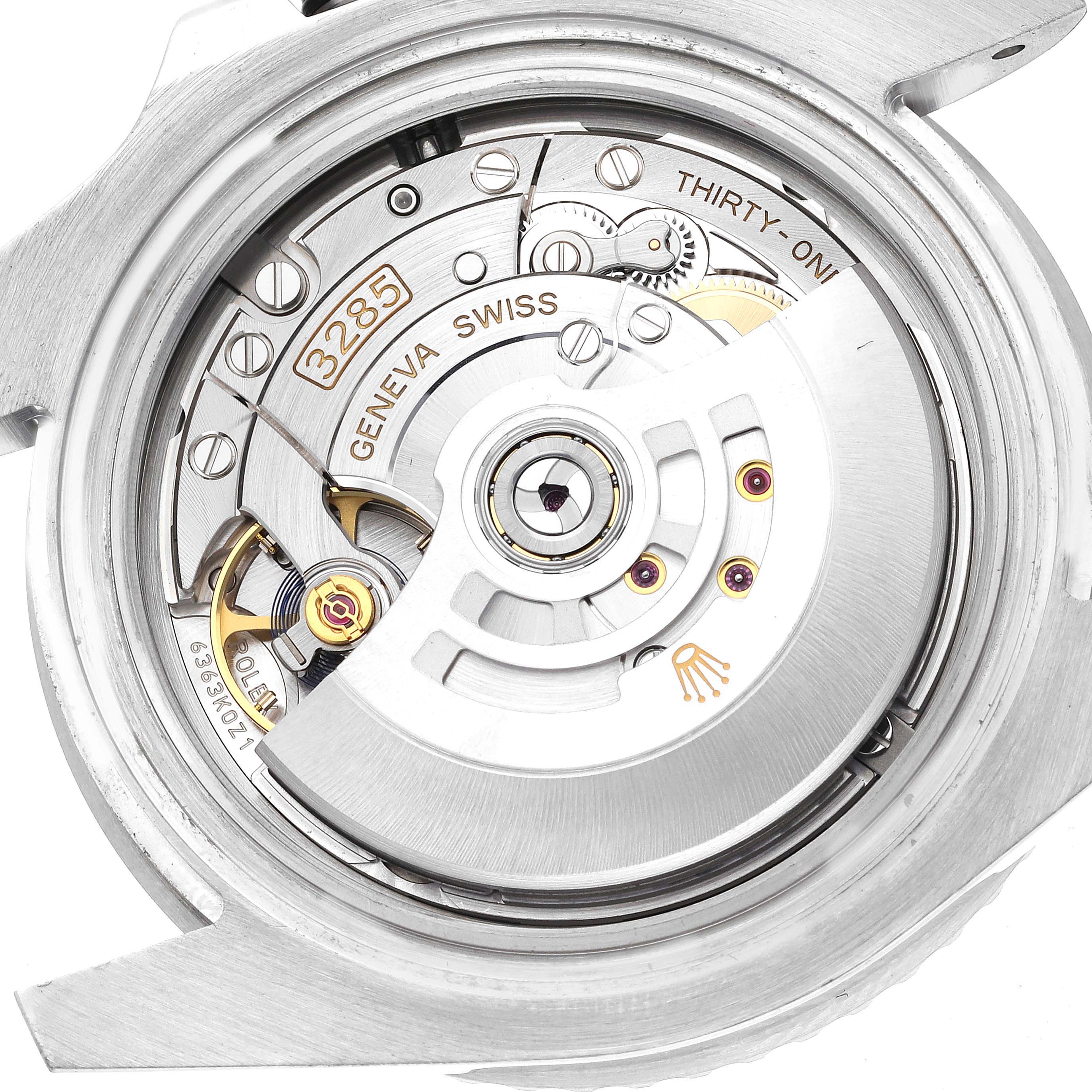 This image shows the movement and internal mechanism of a Rolex GMT-Master 126710BLRO Men
s Stainless Steel Black Dial 126710BLRO Men
s Stainless Steel Black Dial watch viewed from the back.