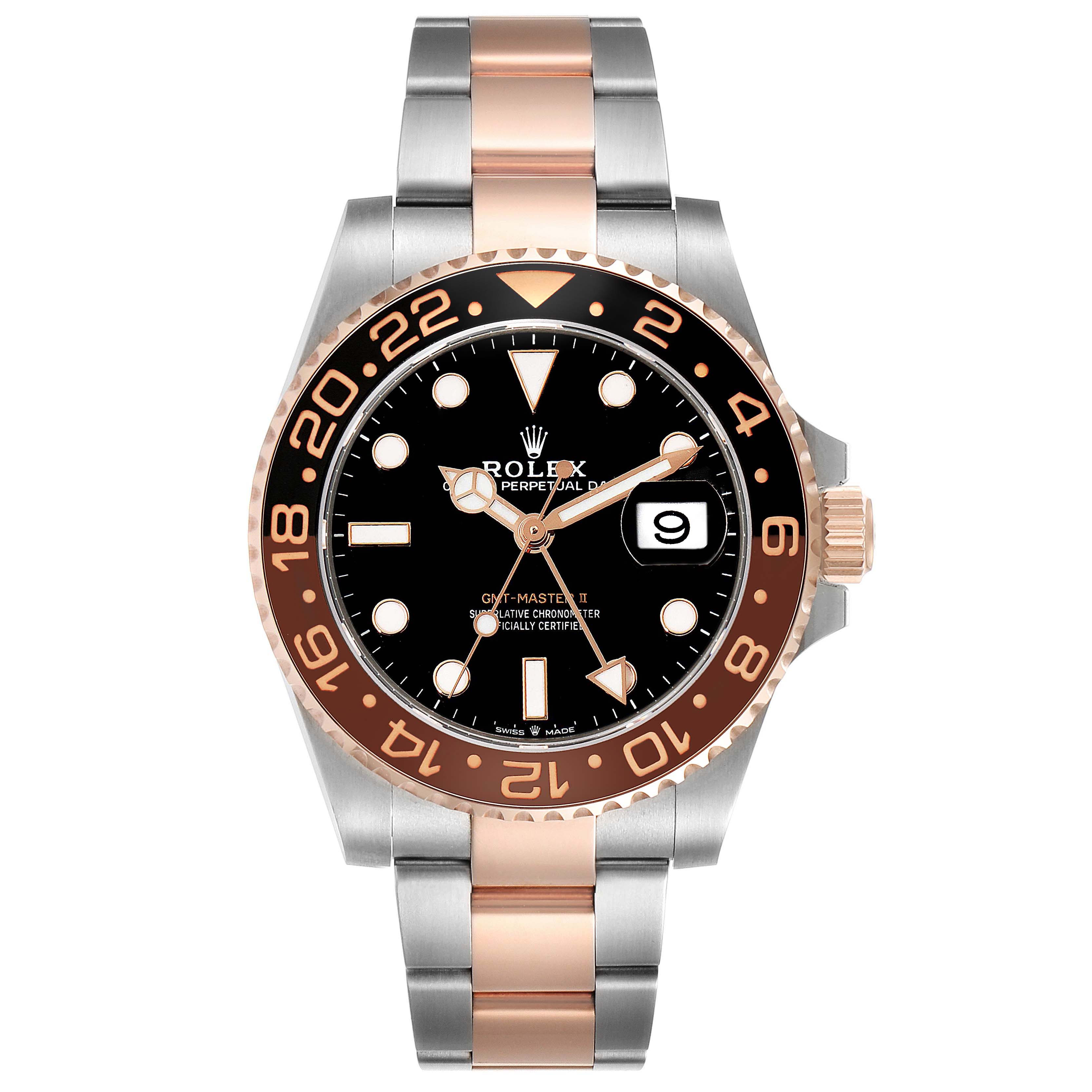 This image shows a front view of a Rolex GMT-Master 126711CHNR Men's Steel and Gold (two tone) Black Dial 126711CHNR Men's Steel and Gold (two tone) Black Dial watch, highlighting the dial, bezel, and two-tone bracelet.