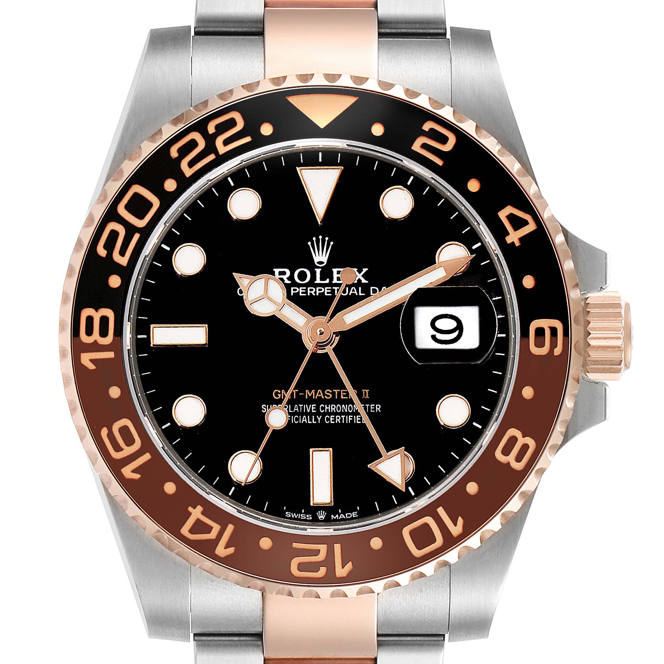 This image shows the face and bezel of the Rolex GMT-Master 126711CHNR Men's Steel and Gold (two tone) Black Dial 126711CHNR Men's Steel and Gold (two tone) Black Dial II watch, featuring a black dial, date display, and two-tone bezel.