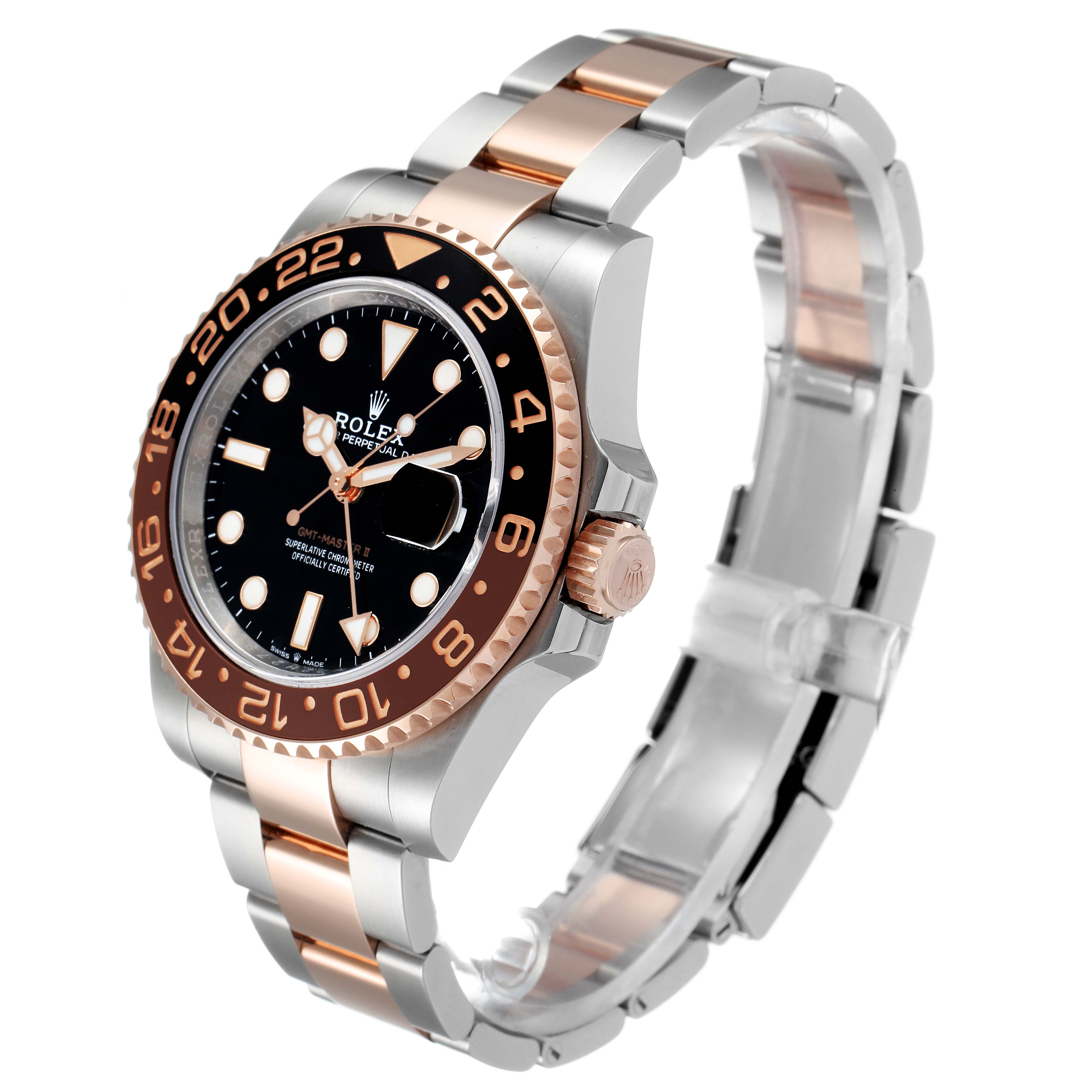 This image shows a side-angle view of a Rolex GMT-Master 126711CHNR Men's Steel and Gold (two tone) Black Dial 126711CHNR Men's Steel and Gold (two tone) Black Dial watch, highlighting the face, bezel, crown, and two-tone bracelet.