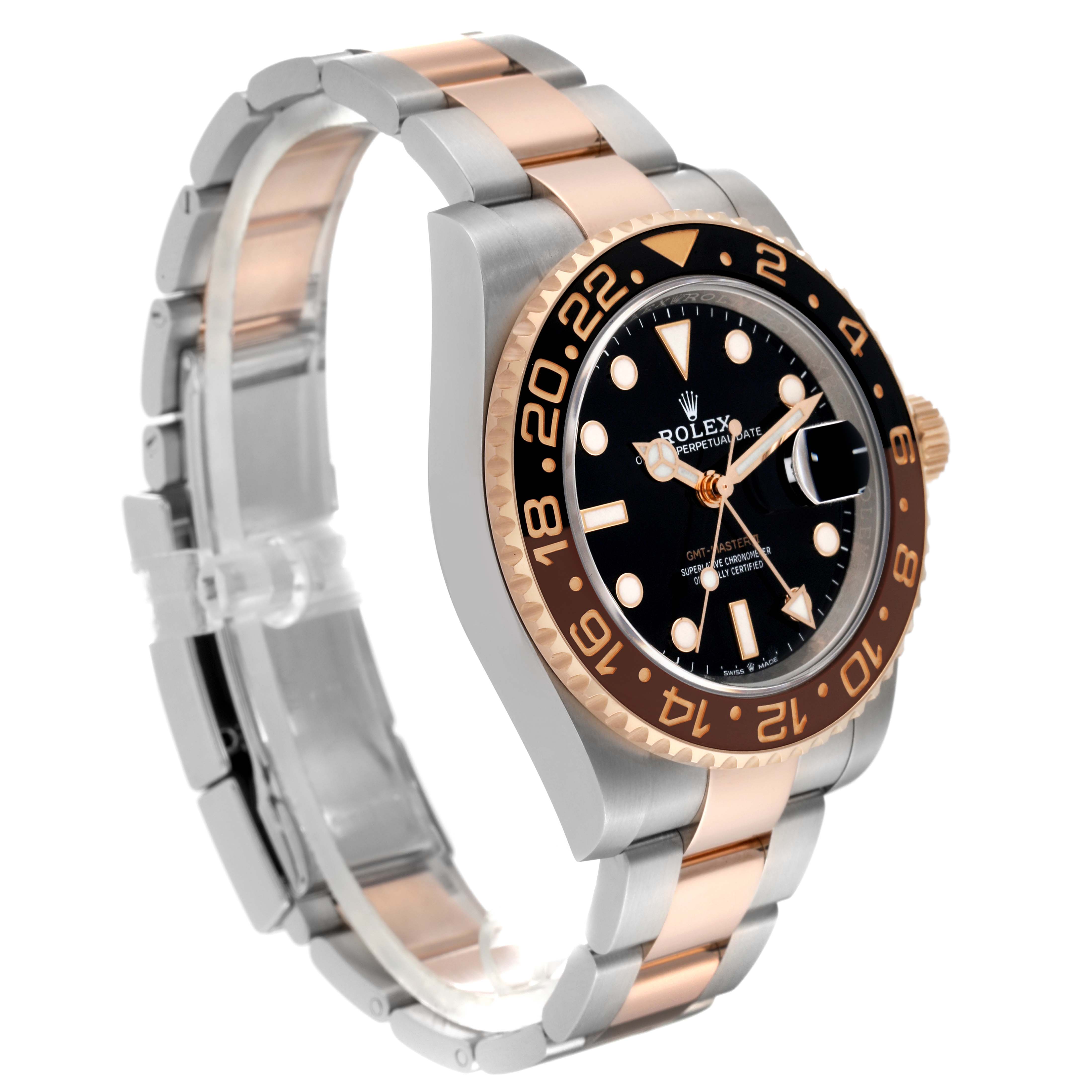 The image shows a side view of the Rolex GMT-Master 126711CHNR Men's Steel and Gold (two tone) Black Dial 126711CHNR Men's Steel and Gold (two tone) Black Dial watch, highlighting the face, bezel, and two-tone bracelet.