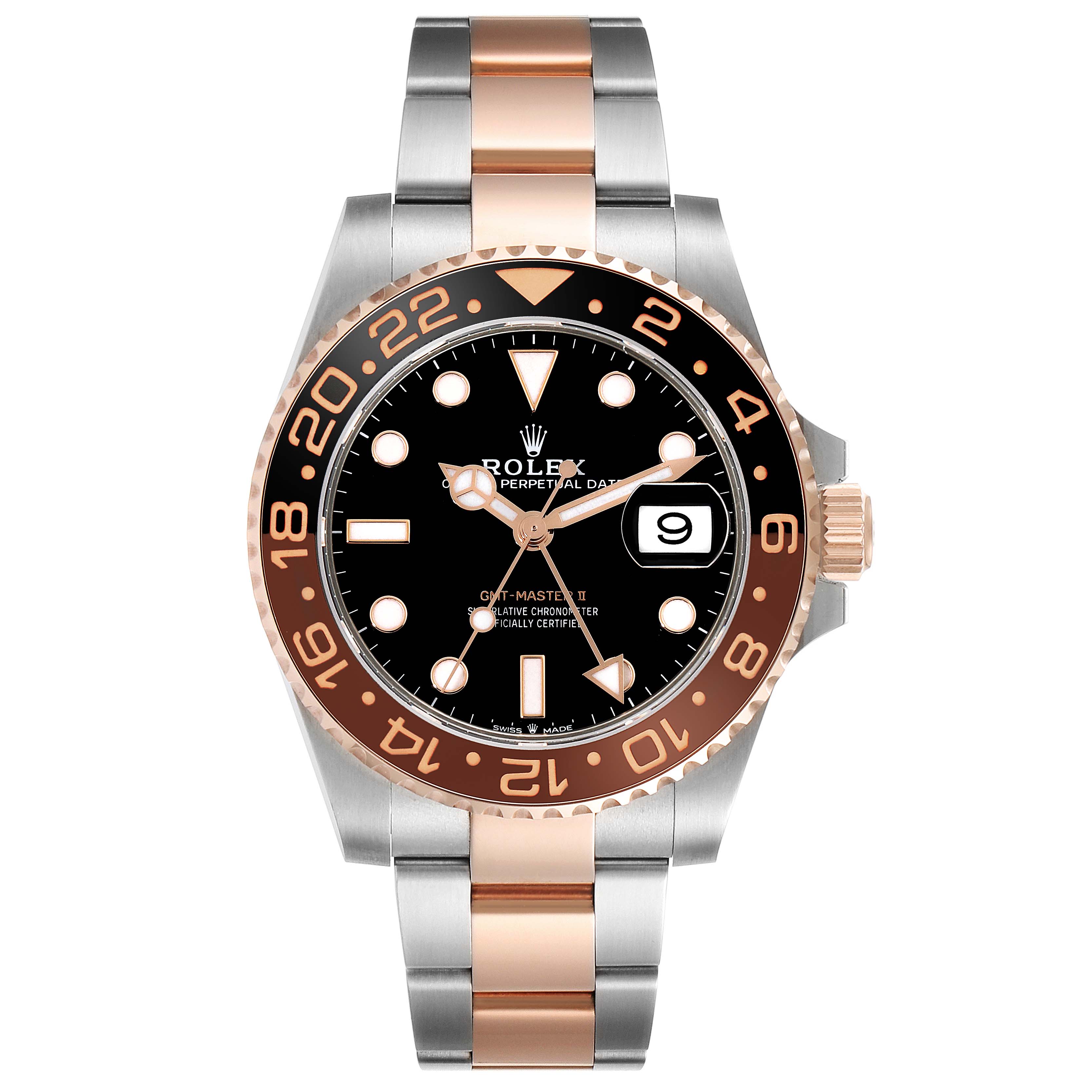 The image shows a Rolex GMT-Master 126711CHNR Men's Steel and Gold (two tone) Black Dial 126711CHNR Men's Steel and Gold (two tone) Black Dial watch viewed from the front, displaying its dial, bezel, and two-tone metal strap.