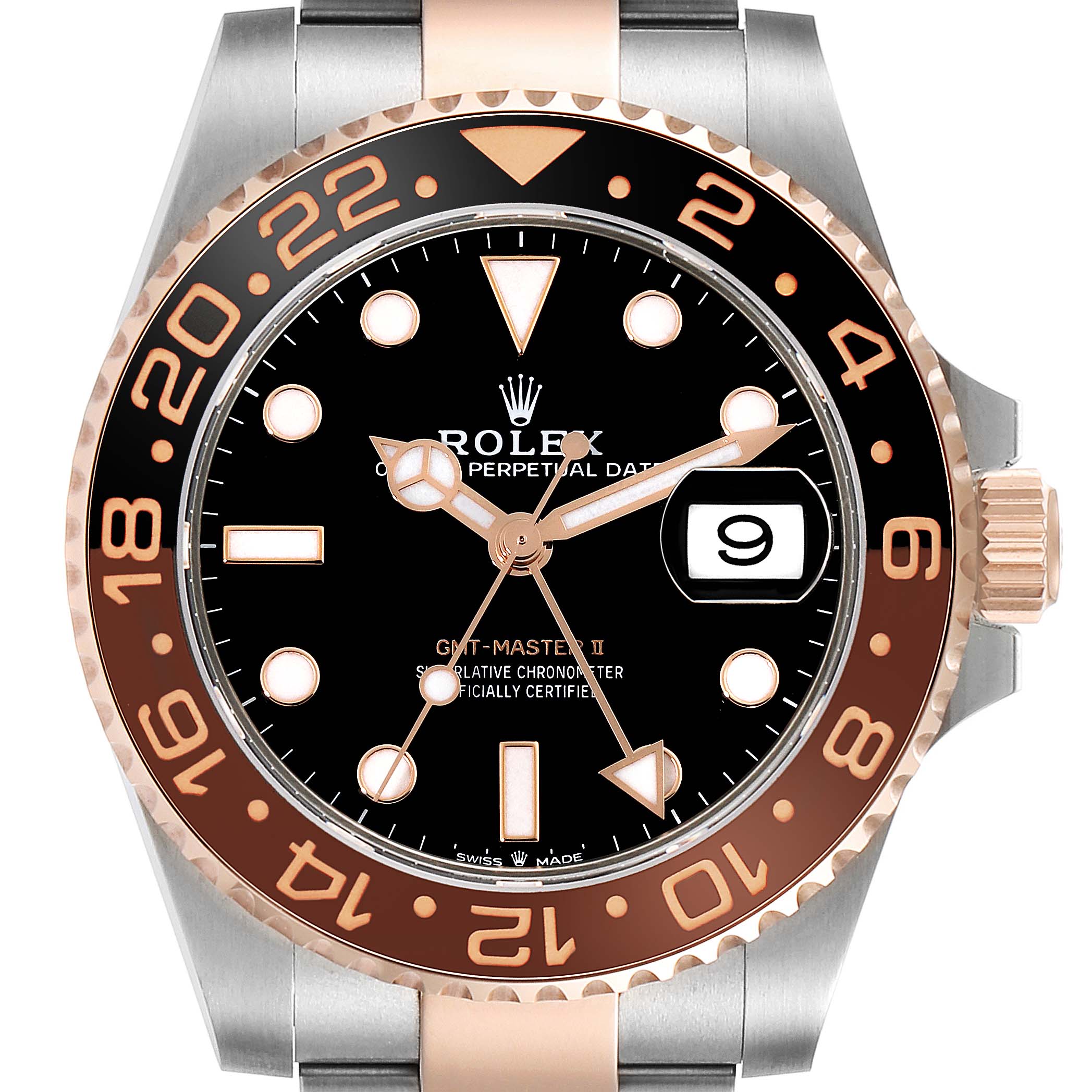 The image shows the front view of a Rolex GMT-Master 126711CHNR Men's Steel and Gold (two tone) Black Dial 126711CHNR Men's Steel and Gold (two tone) Black Dial II watch, highlighting the bezel, dial, and date window.