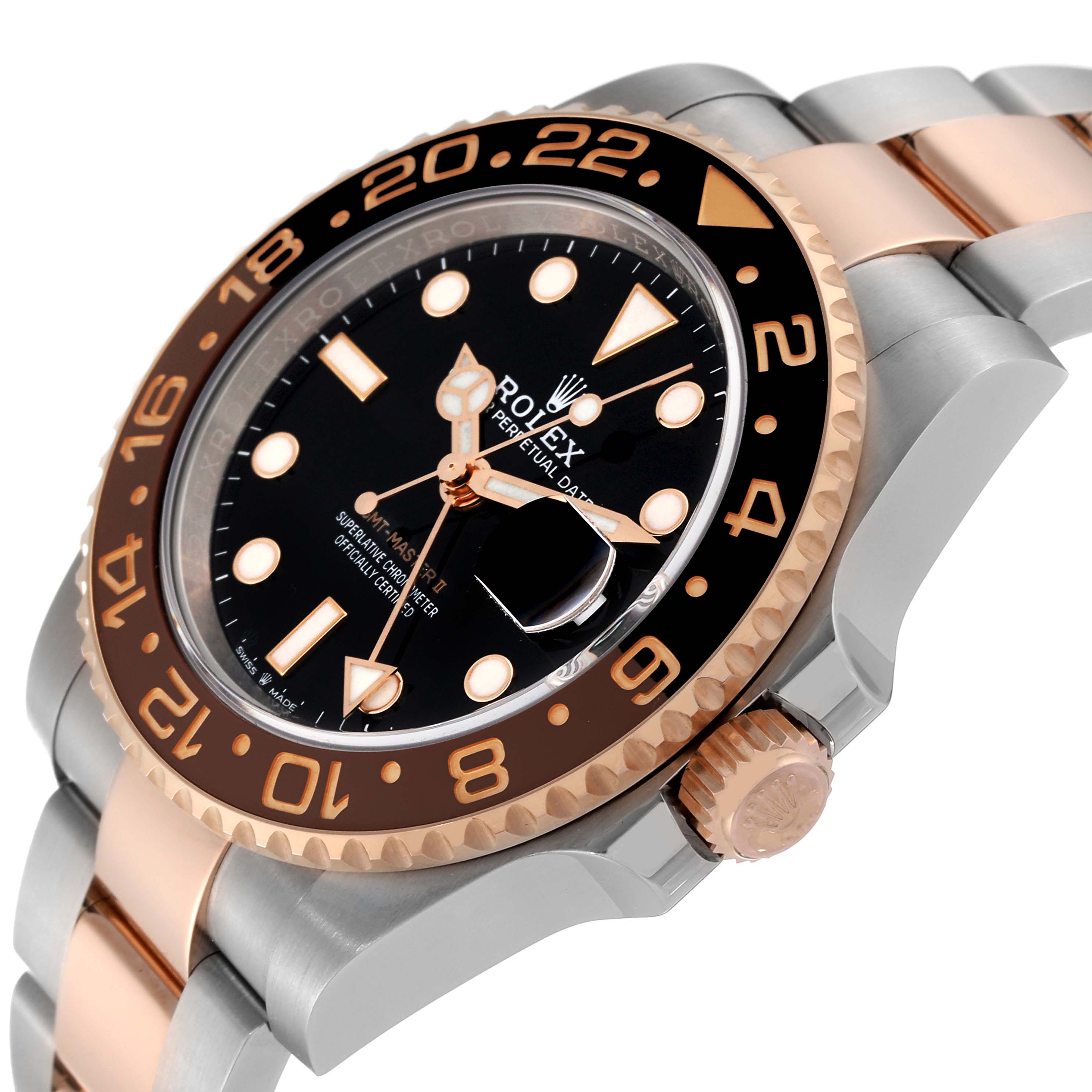 This image shows a side angle of the Rolex GMT-Master 126711CHNR Men's Steel and Gold (two tone) Black Dial 126711CHNR Men's Steel and Gold (two tone) Black Dial watch, highlighting its bezel, crown, and part of its bracelet.