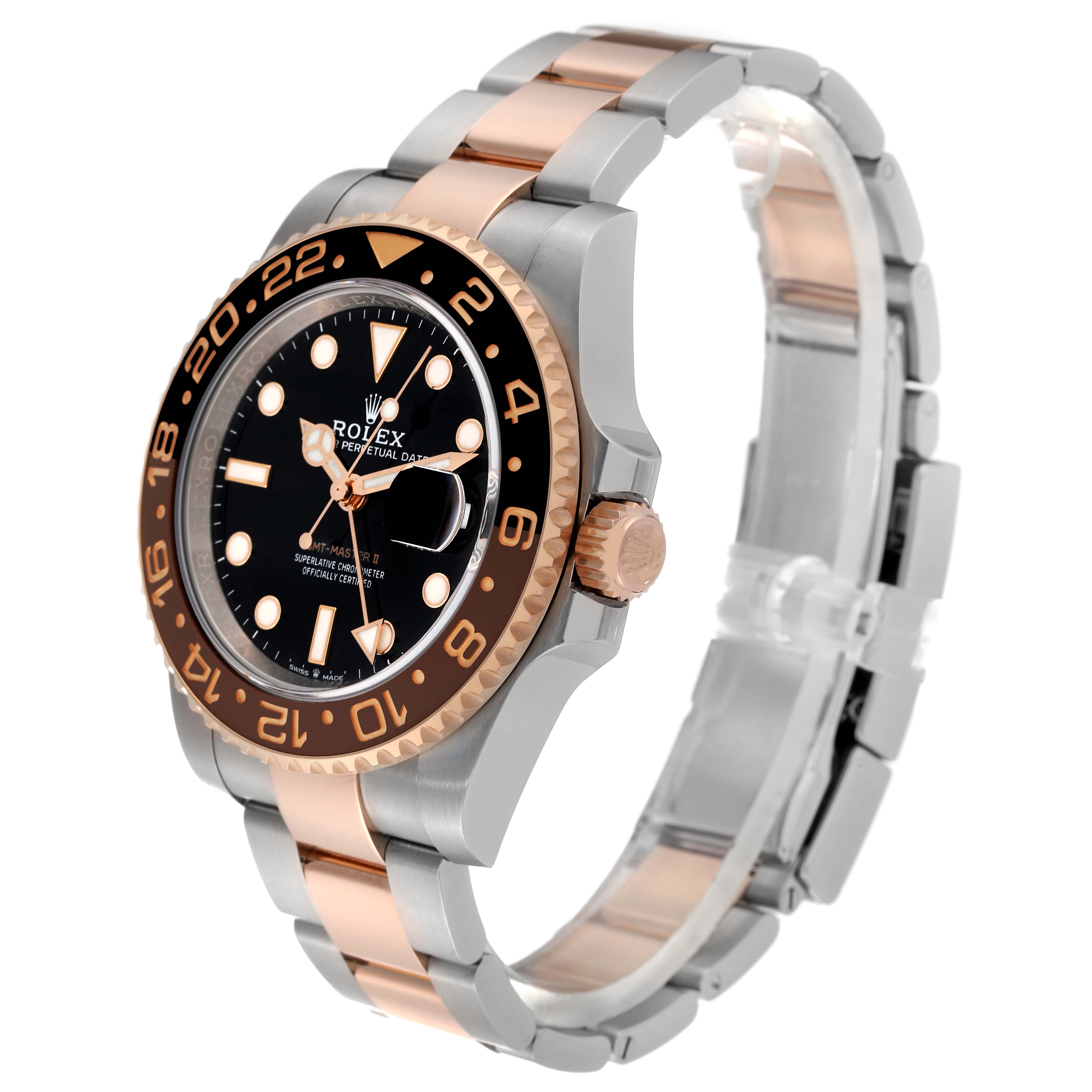 The image shows a side angle of a Rolex GMT-Master 126711CHNR Men's Steel and Gold (two tone) Black Dial 126711CHNR Men's Steel and Gold (two tone) Black Dial watch, highlighting the bezel, crown, face, and two-tone bracelet.
