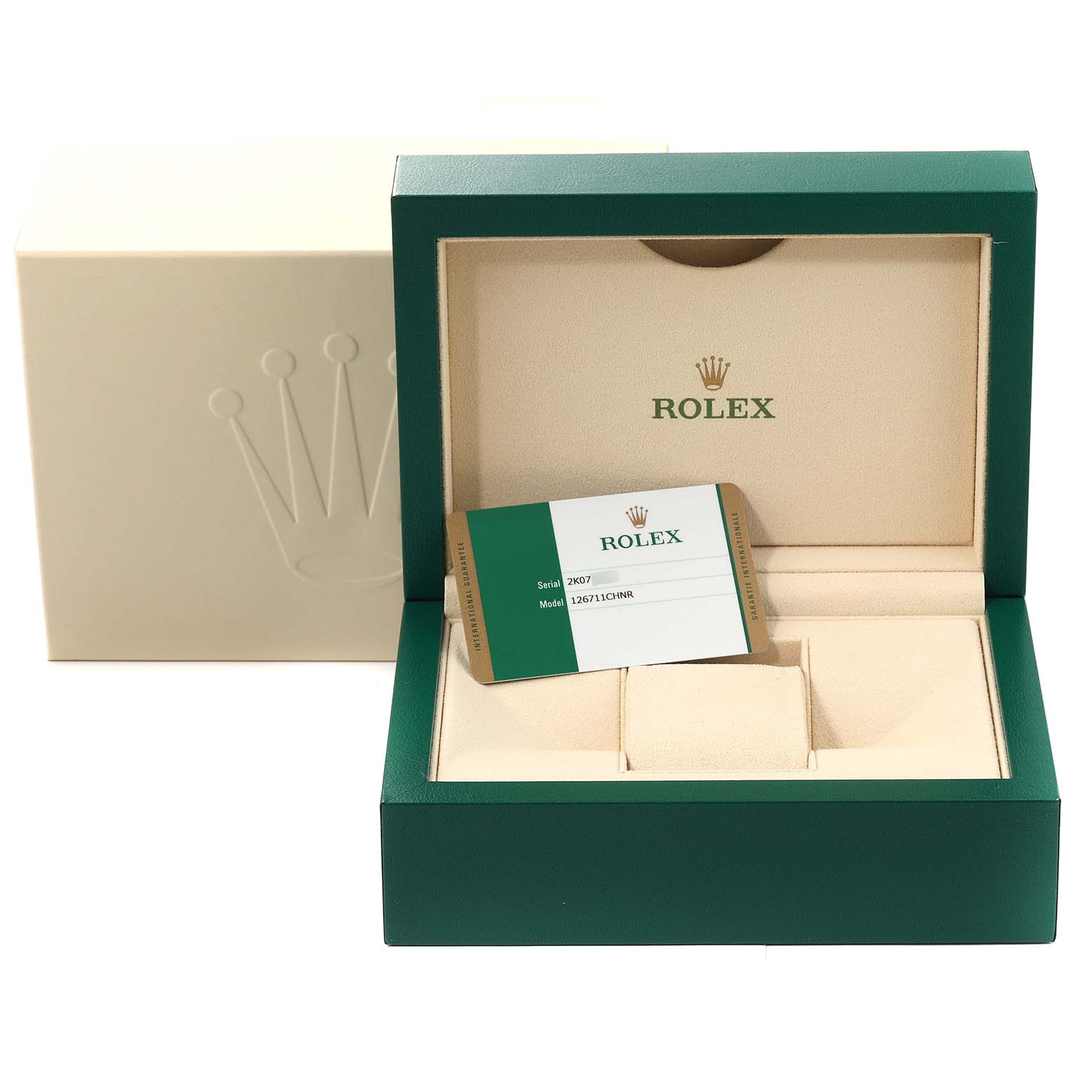 The image shows the packaging, box, and warranty card for a Rolex GMT-Master 126711CHNR Men's Steel and Gold (two tone) Black Dial 126711CHNR Men's Steel and Gold (two tone) Black Dial watch, viewed from the front.
