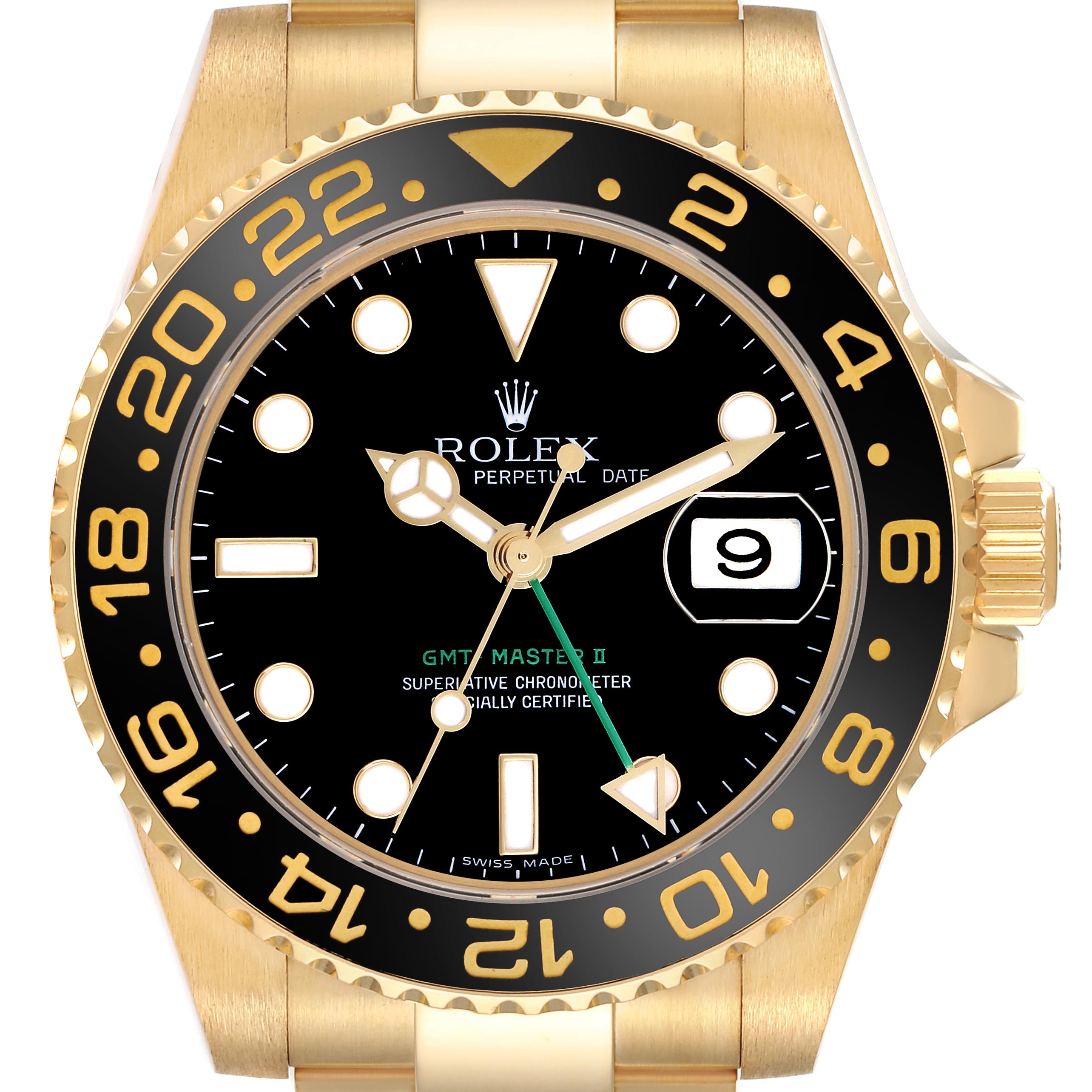 The Rolex GMT-Master 116718 Men
s Yellow Gold Black Dial 116718 Men
s Yellow Gold Black Dial II is shown from the front, highlighting the dial, bezel, and part of the bracelet.