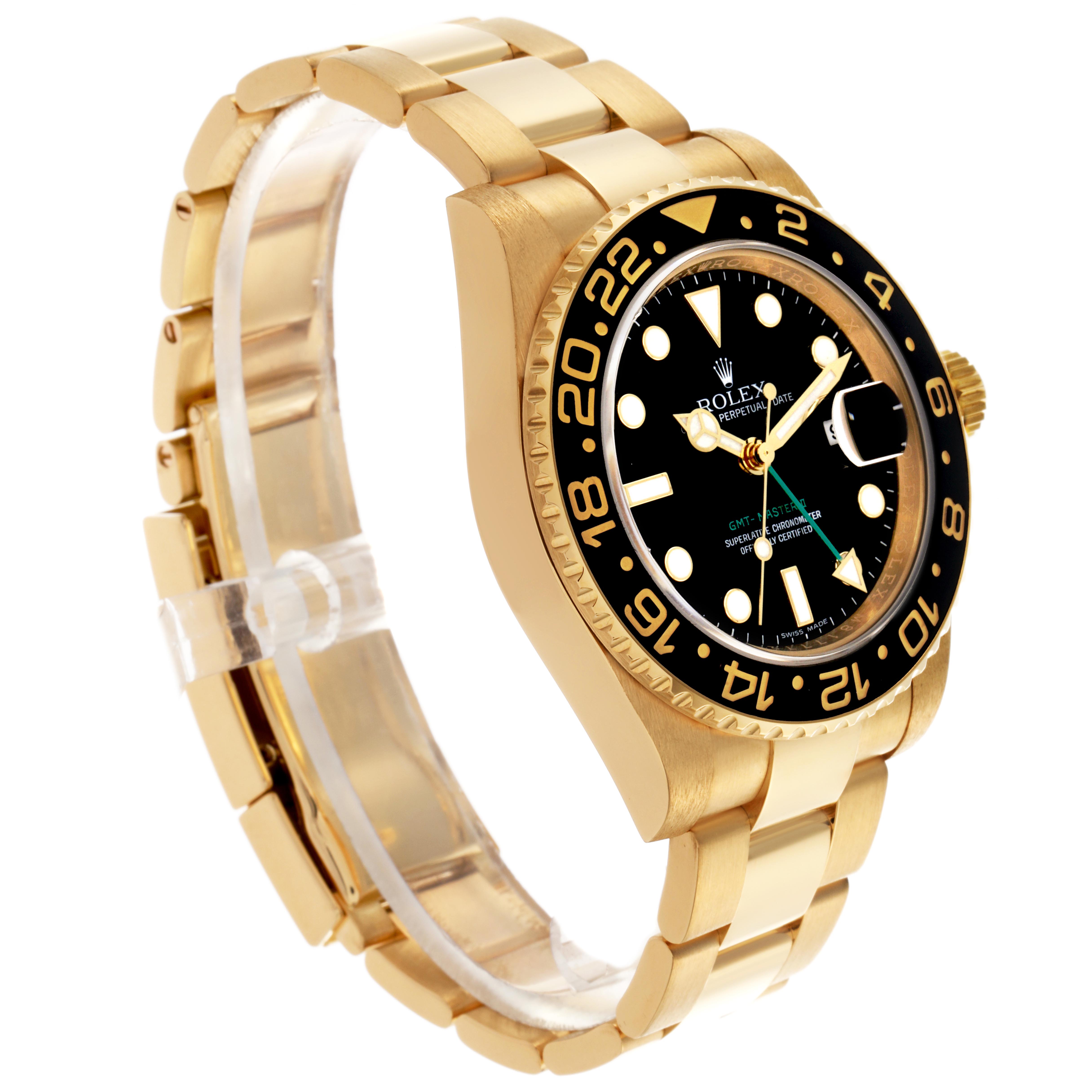 The image shows a side angle of a Rolex GMT-Master 116718 Men
s Yellow Gold Black Dial 116718 Men
s Yellow Gold Black Dial watch, highlighting its gold case, bezels, and bracelet.