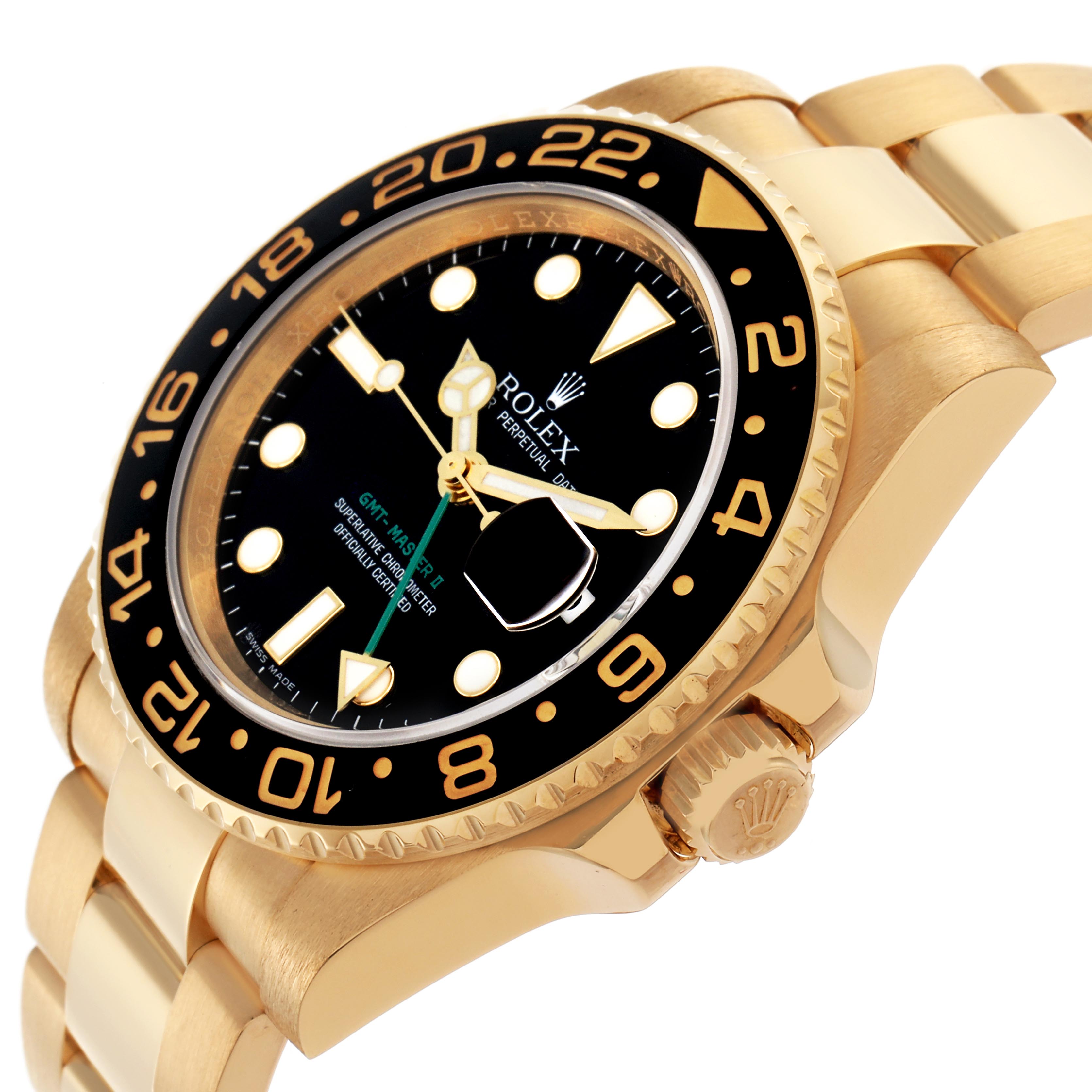 The Rolex GMT-Master 116718 Men
s Yellow Gold Black Dial 116718 Men
s Yellow Gold Black Dial watch is shown at a slight angle, highlighting the bezel, dial, crown, and part of the bracelet.