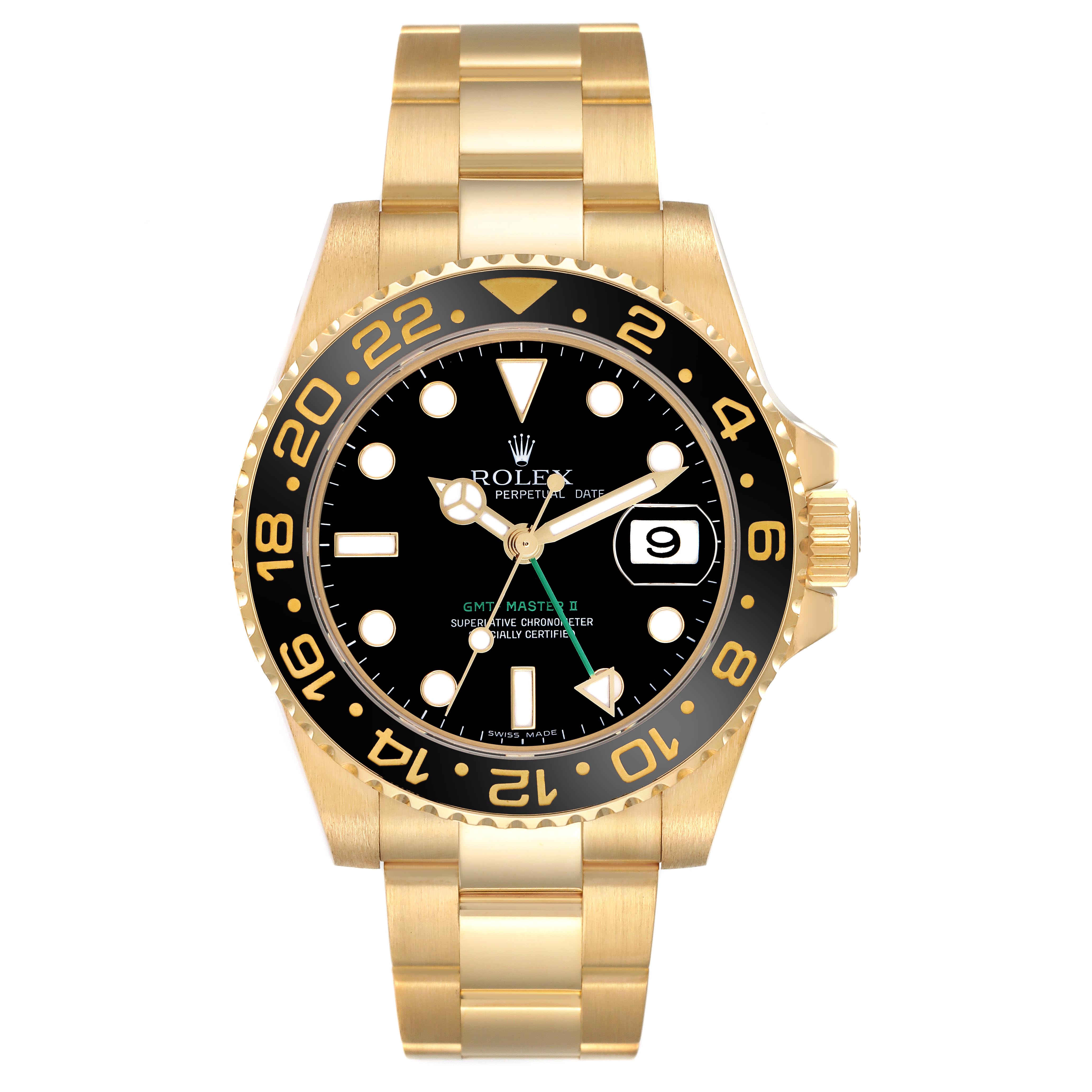 The Rolex GMT-Master 116718 Men
s Yellow Gold Black Dial 116718 Men
s Yellow Gold Black Dial watch is shown from a front angle, displaying the dial, bezel, bracelet, and crown.